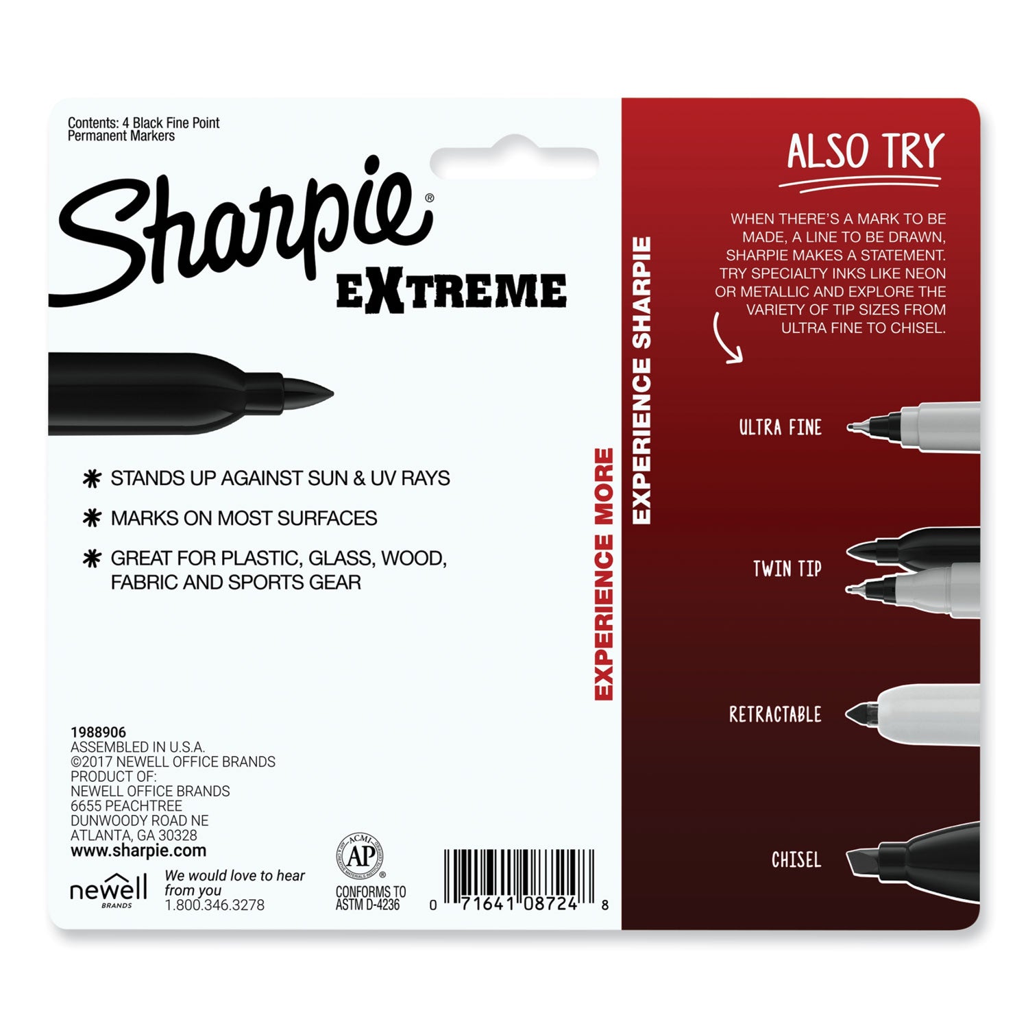 Sharpie® Extreme Marker, Fine Bullet Tip, Black, 4/Pack