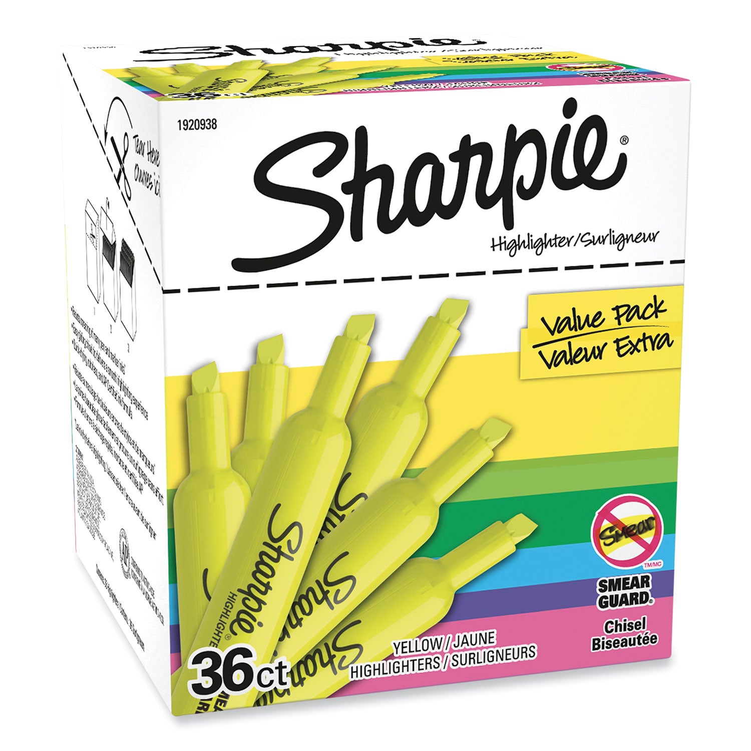 Sharpie® Tank Style Highlighter Value Pack, Fluorescent Yellow Ink, Chisel Tip, Yellow Barrel, 36/Box