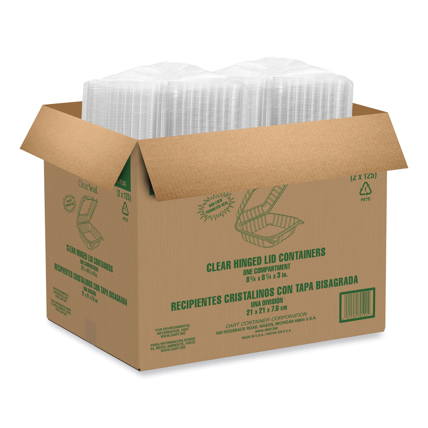 Dart® ClearSeal Hinged-Lid Plastic Containers, 8.22w x 3.02h, Clear, Plastic, 250/Carton