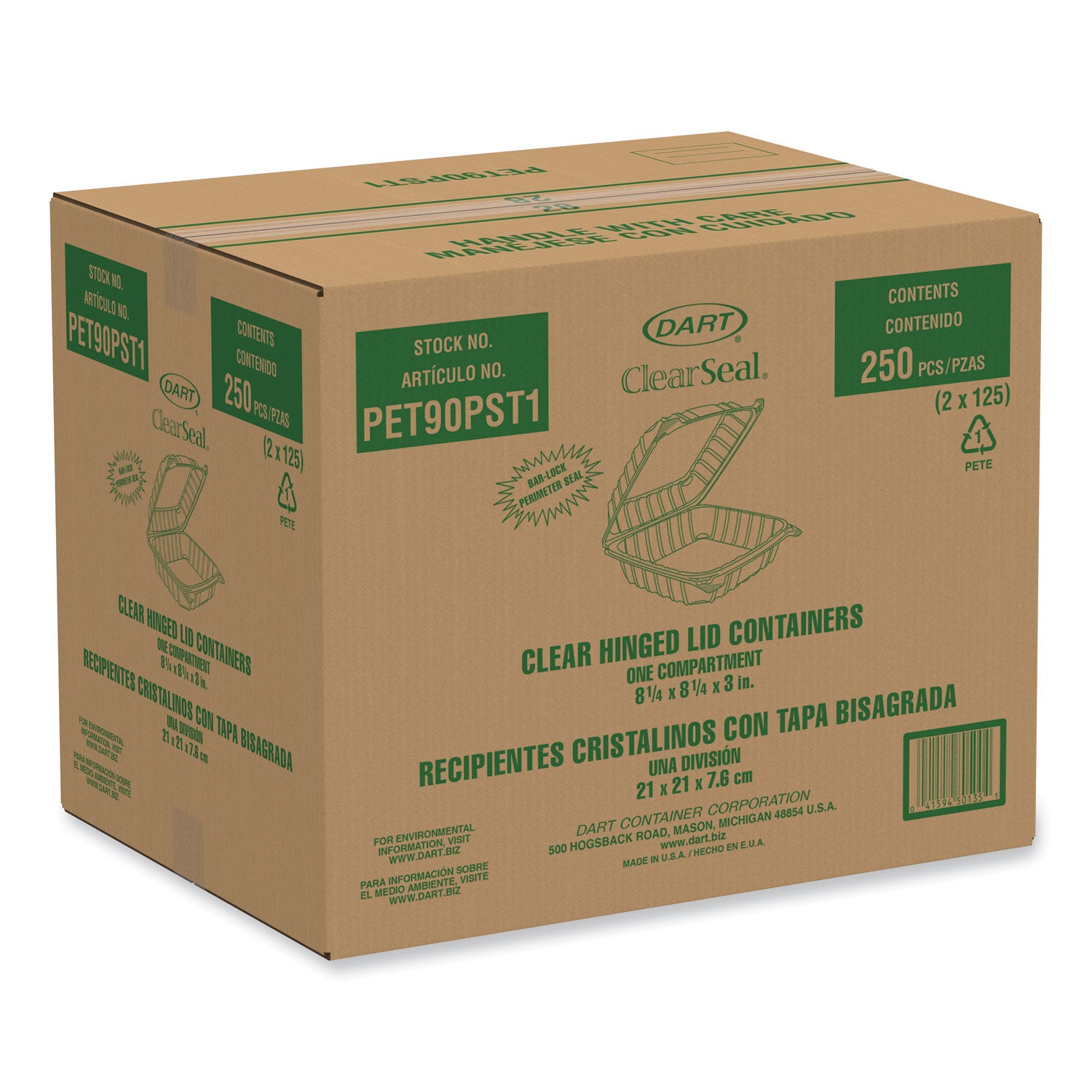 Dart® ClearSeal Hinged-Lid Plastic Containers, 8.22w x 3.02h, Clear, Plastic, 250/Carton