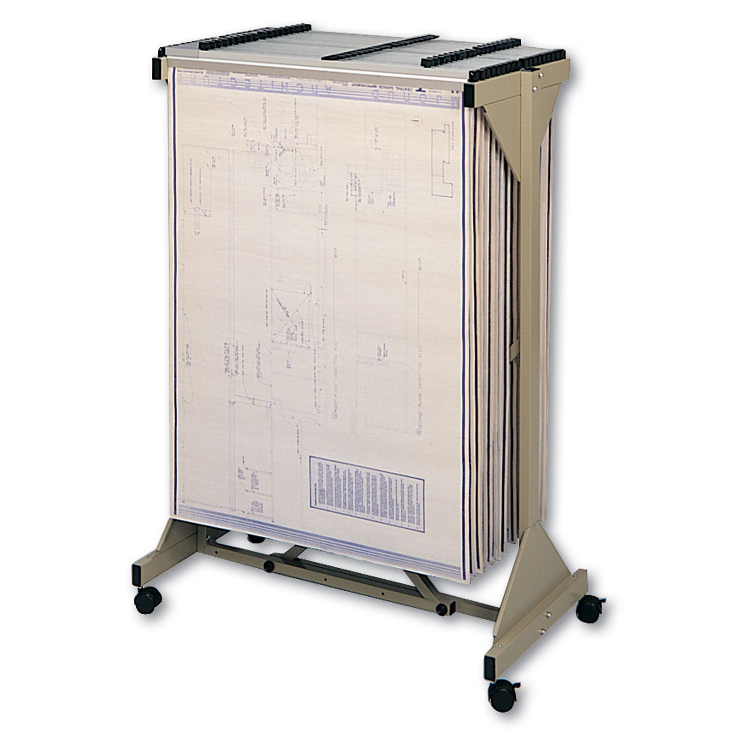 Safco® Mobile Plan Center Sheet Rack, 18 Hanging Clamps, 43.75w x 20.5d x 51h, Sand