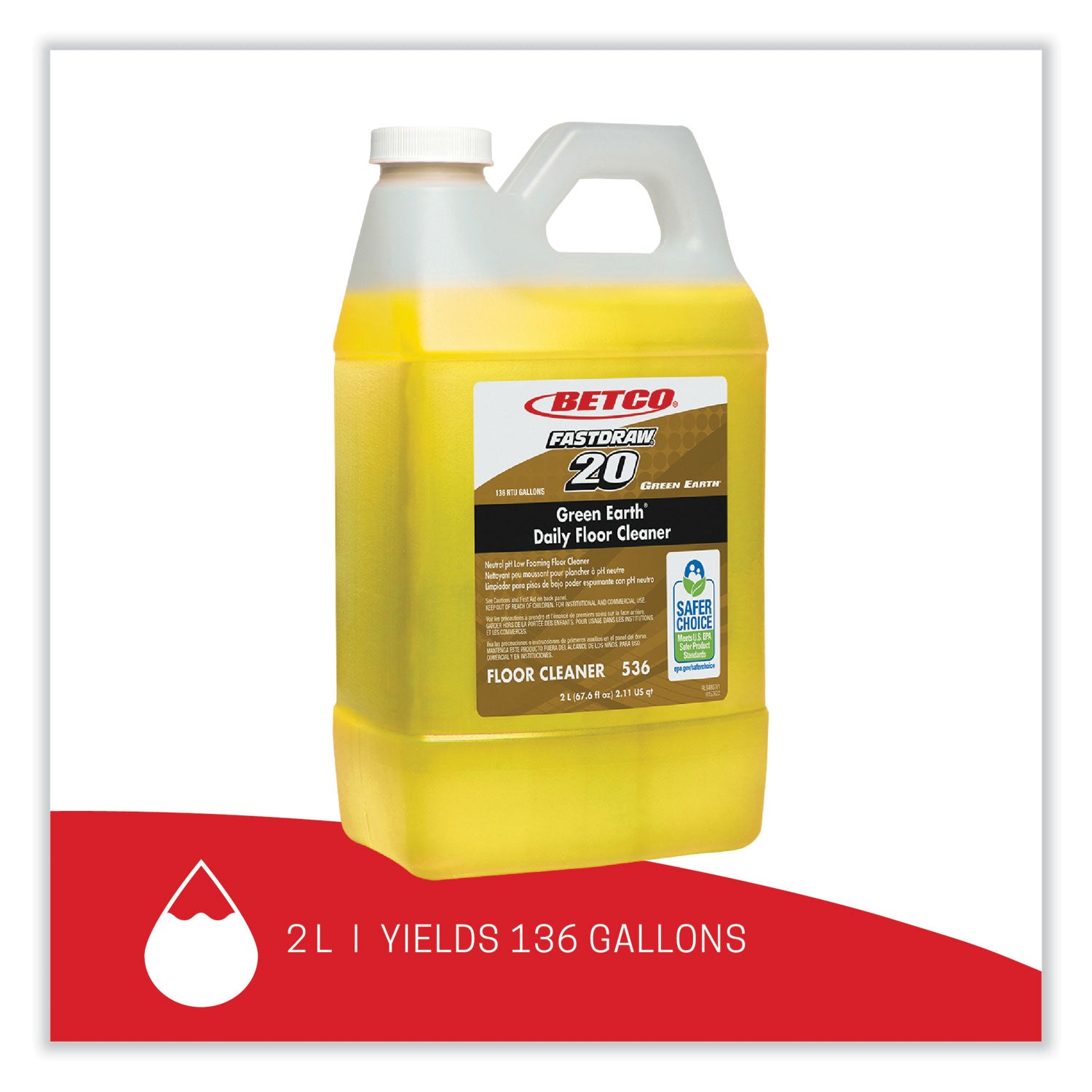 Betco® Green Earth Daily Floor Cleaner, 2 L Bottle, Unscented, 4/Carton