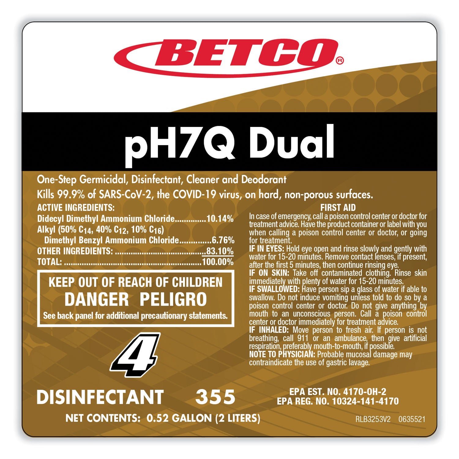 Betco® pH7Q Dual Neutral Disinfectant Cleaner, Lemon Scent, 67.6 oz Bottle, 4/Carton