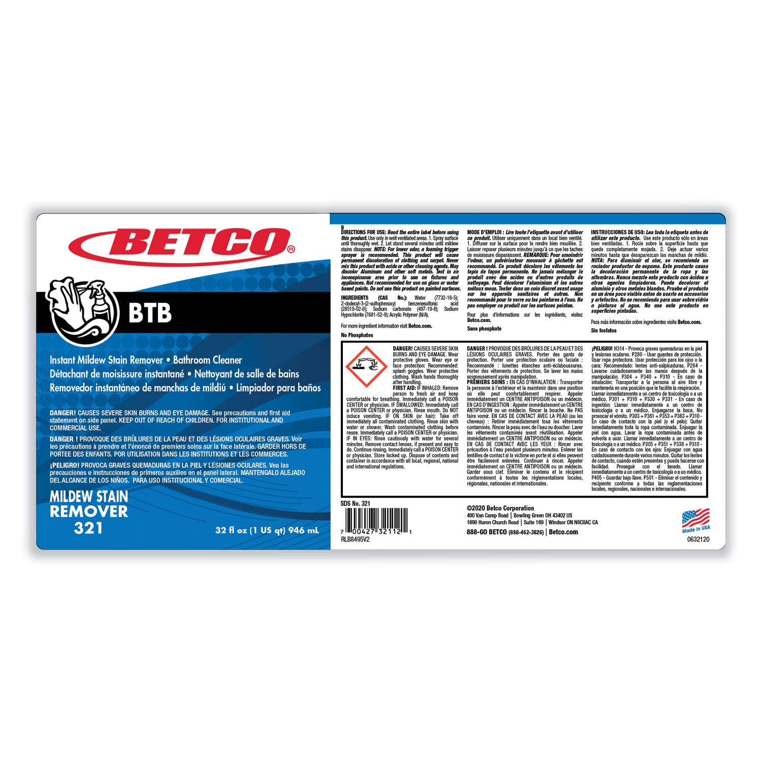 Betco® BTB Mildew Stain Remover, Apple, 32 oz Spray Bottle, 12/Carton