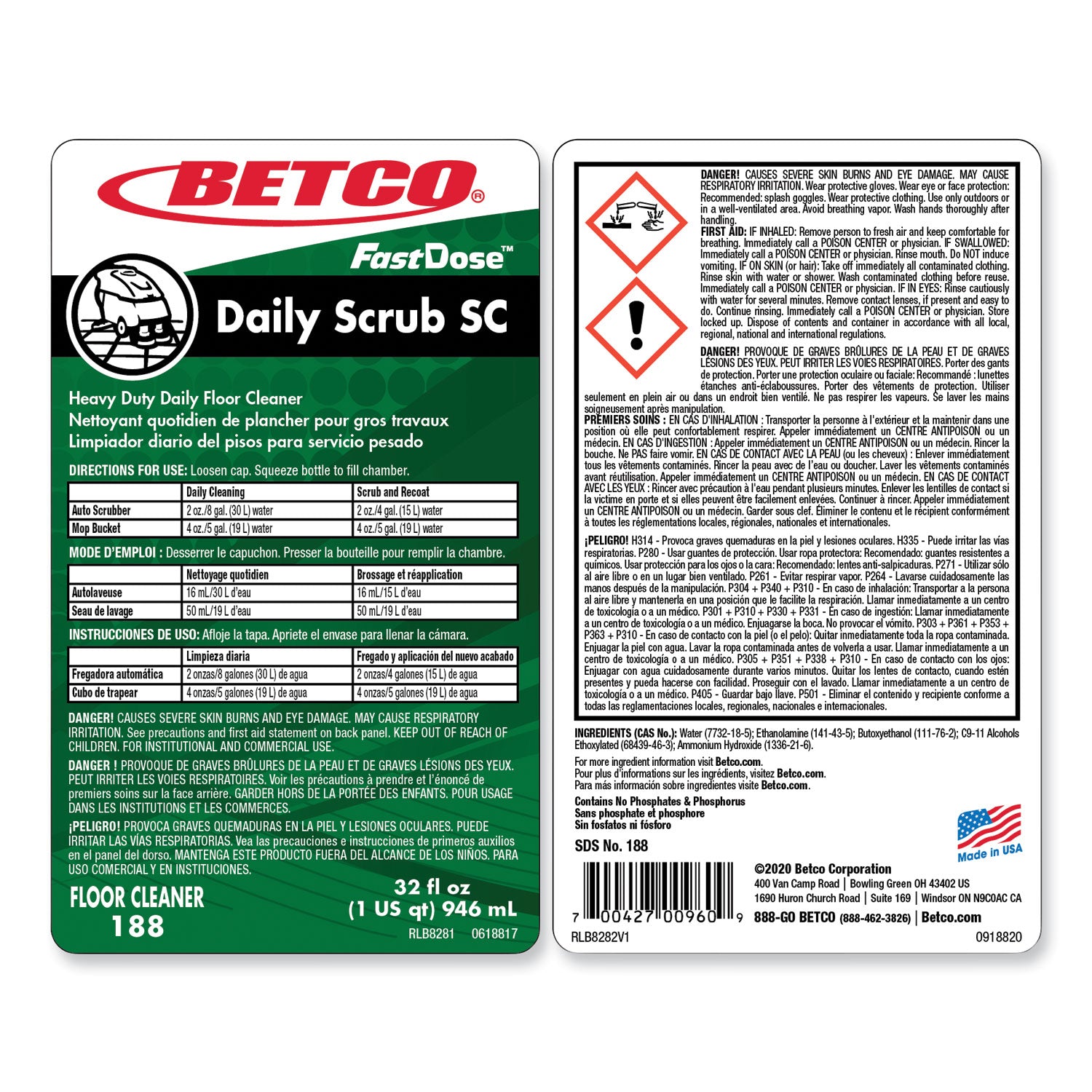 Betco® Daily Scrub SC Floor Cleaner, Characteristic Scent, 32 oz Bottle, 6/Carton