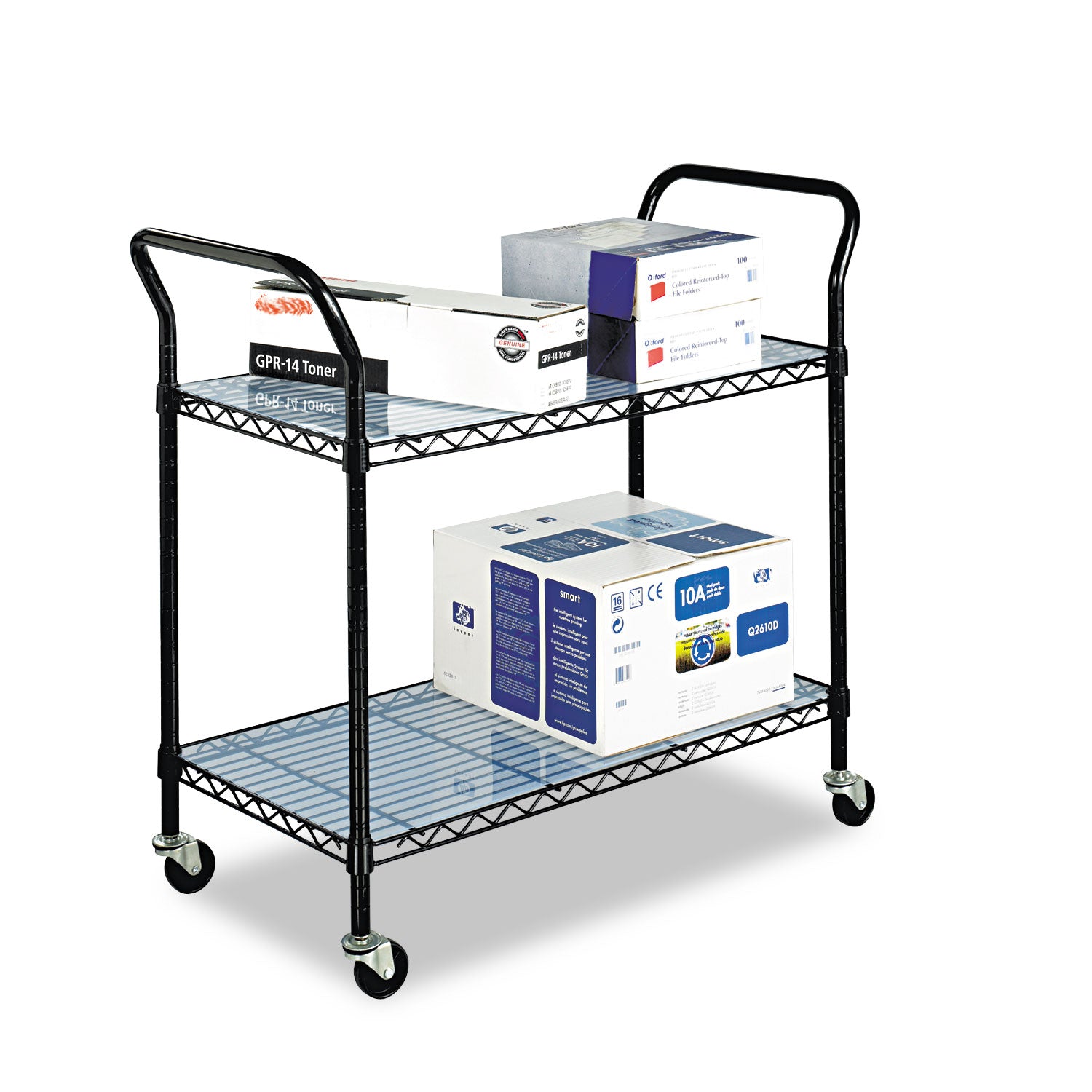 Safco® Wire Utility Cart, Metal, 2 Shelves, 400 lb Capacity, 43.75" x 19.25" x 40.5", Black