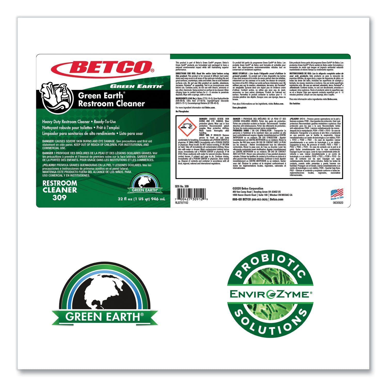 Betco® Green Earth RTU Restroom Cleaner, Fresh Mint Scent, 32 oz Bottle, 12/Carton