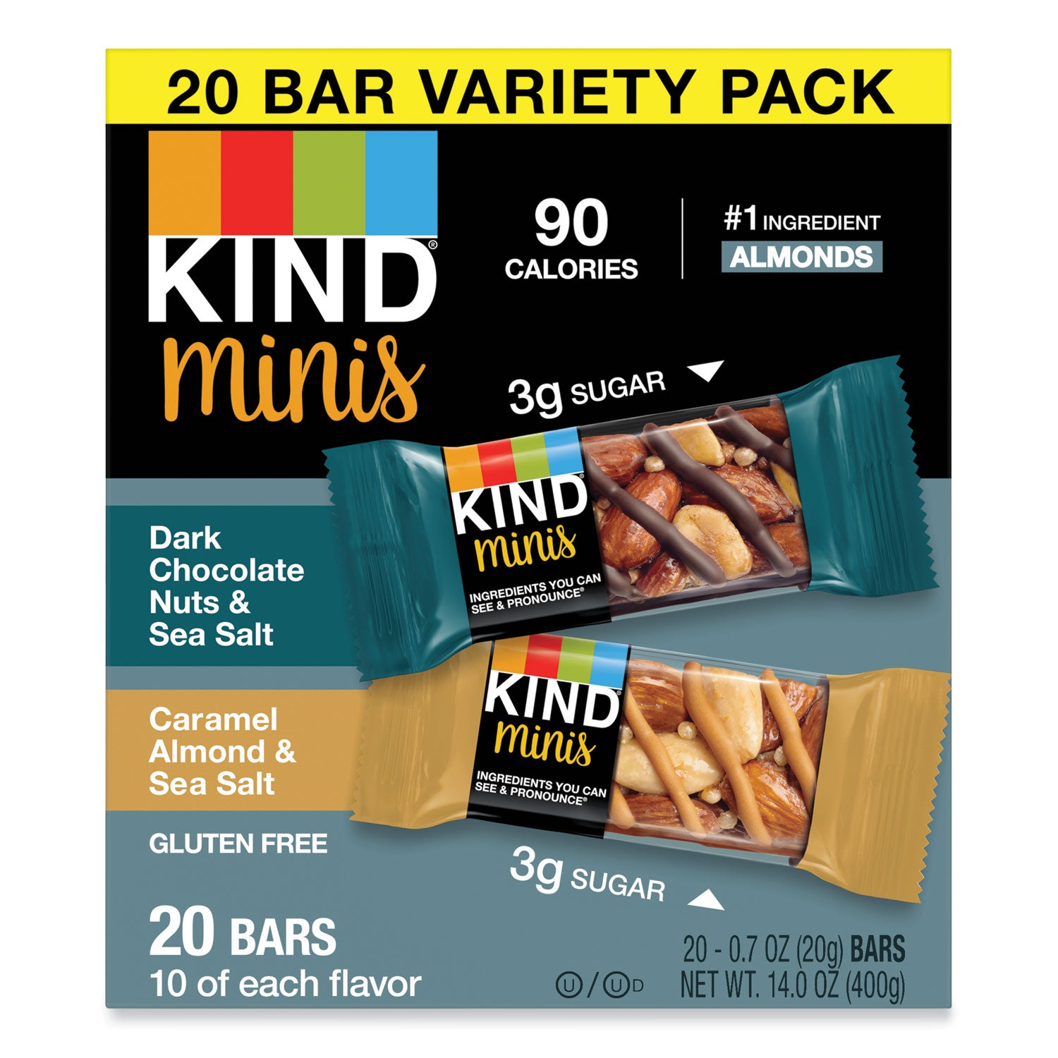 Minis, Dark Chocolate Nuts and Sea Salt/Caramel Almond and Sea Salt, 0.7 oz, 20/Pack