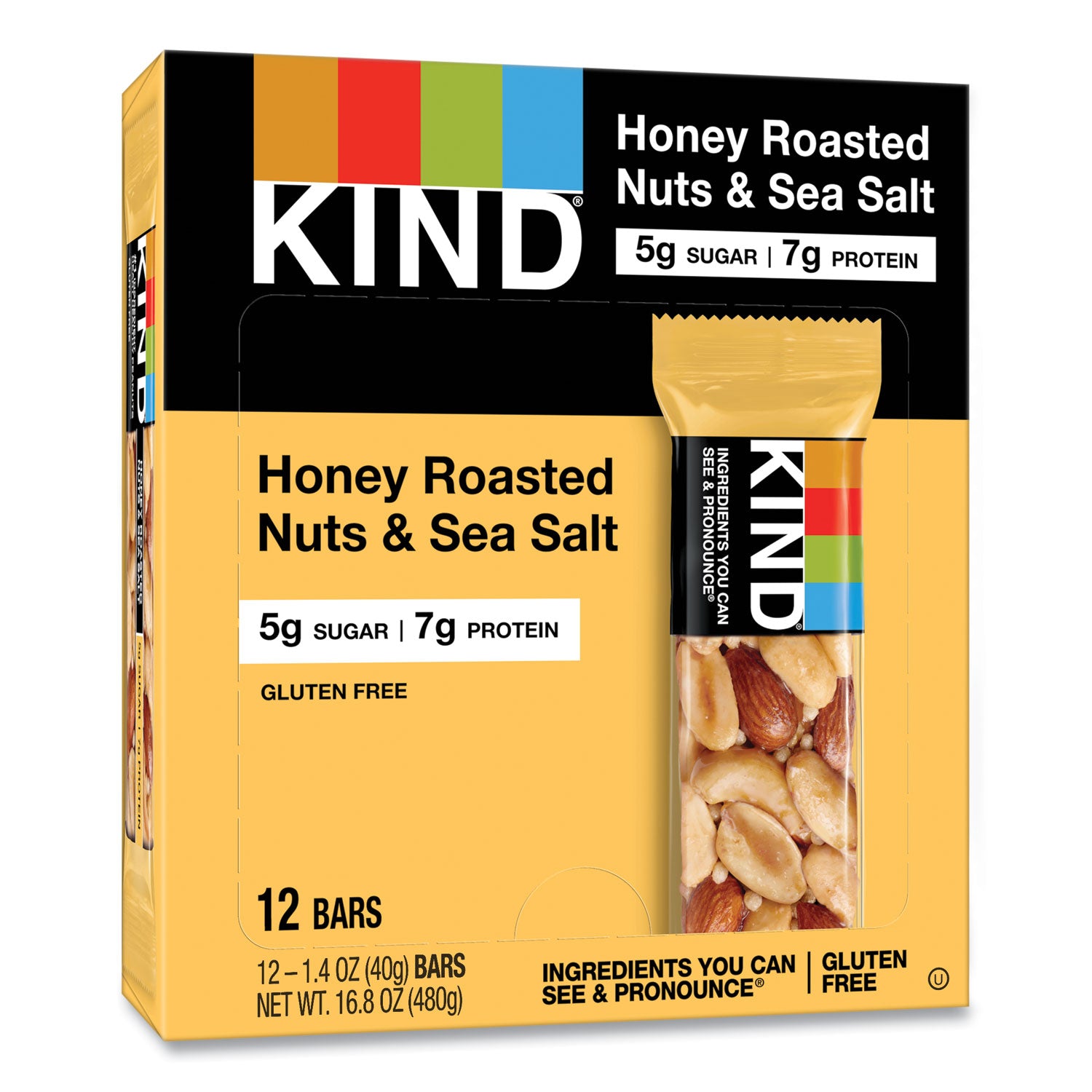 KIND Nuts and Spices Bar, Honey Roasted Nuts/Sea Salt, 1.4 oz Bar, 12/Box