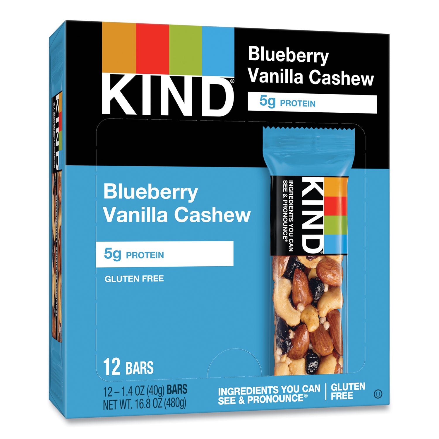 KIND Fruit and Nut Bars, Blueberry Vanilla and Cashew, 1.4 oz Bar, 12/Box