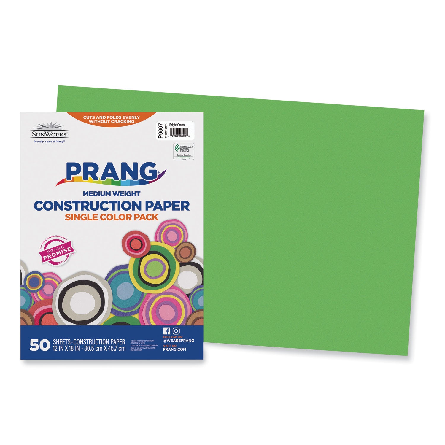 SunWorks Construction Paper, 50 lb Text Weight, 12 x 18, Bright Green, 50/Pack