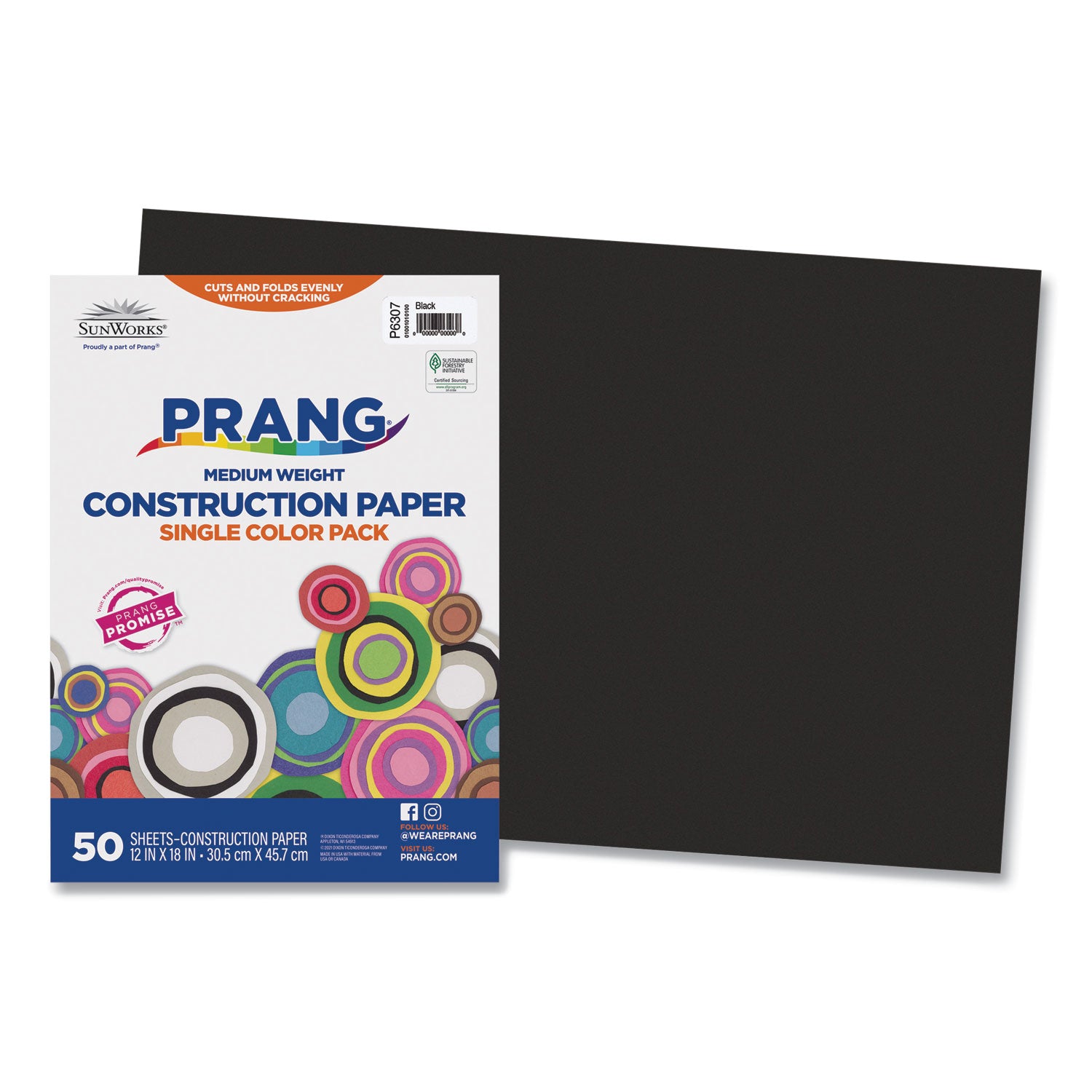 SunWorks Construction Paper, 50 lb Text Weight, 12 x 18, Black, 50/Pack