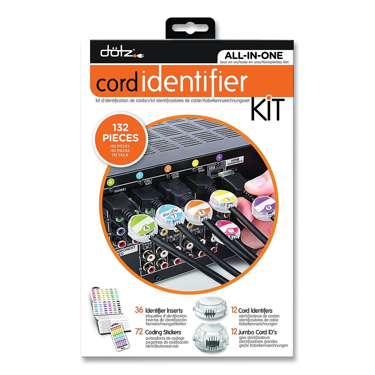 Cord ID Kit, (12) Regular and (12) Jumbo-Sized Cord Identifiers, (72) Color-Coded Stickers, (36) Identifier Inserts