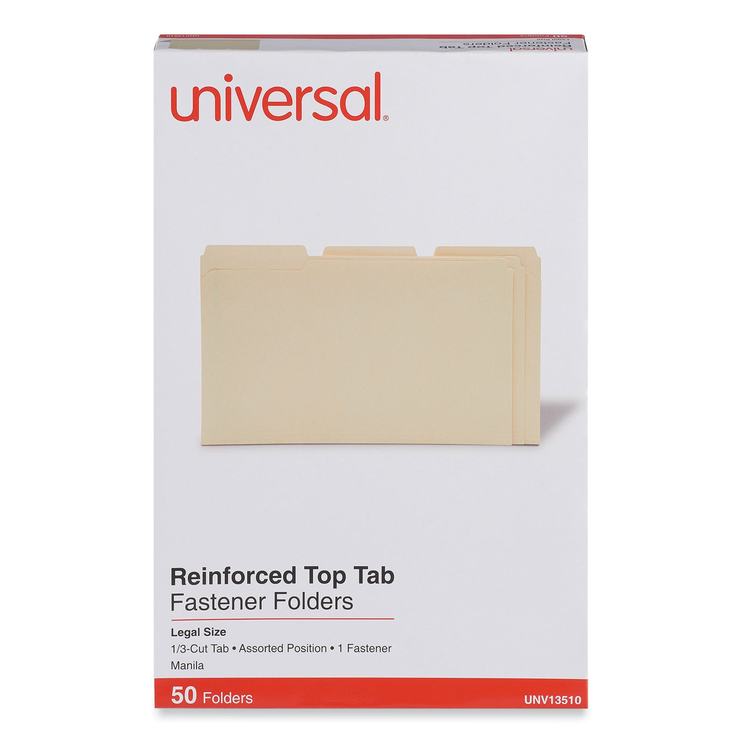 Universal® Reinforced Top Tab Fastener Folders, 0.75" Expansion, 1 Fastener, Legal Size, Manila Exterior, 50/Box