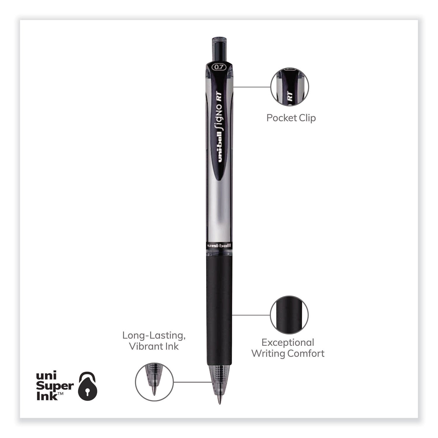 uniball® Signo Gel Pen, Retractable, Medium 0.7 mm, Black Ink, Silver/Black Barrel, Dozen