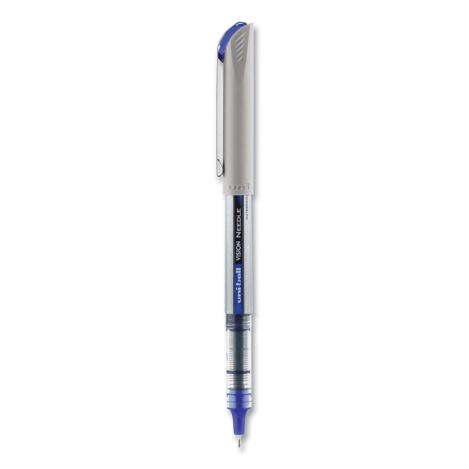 uniball® VISION Needle Roller Ball Pen, Stick, Fine 0.7 mm, Blue Ink, Gray/Clear/Blue Barrel, Dozen