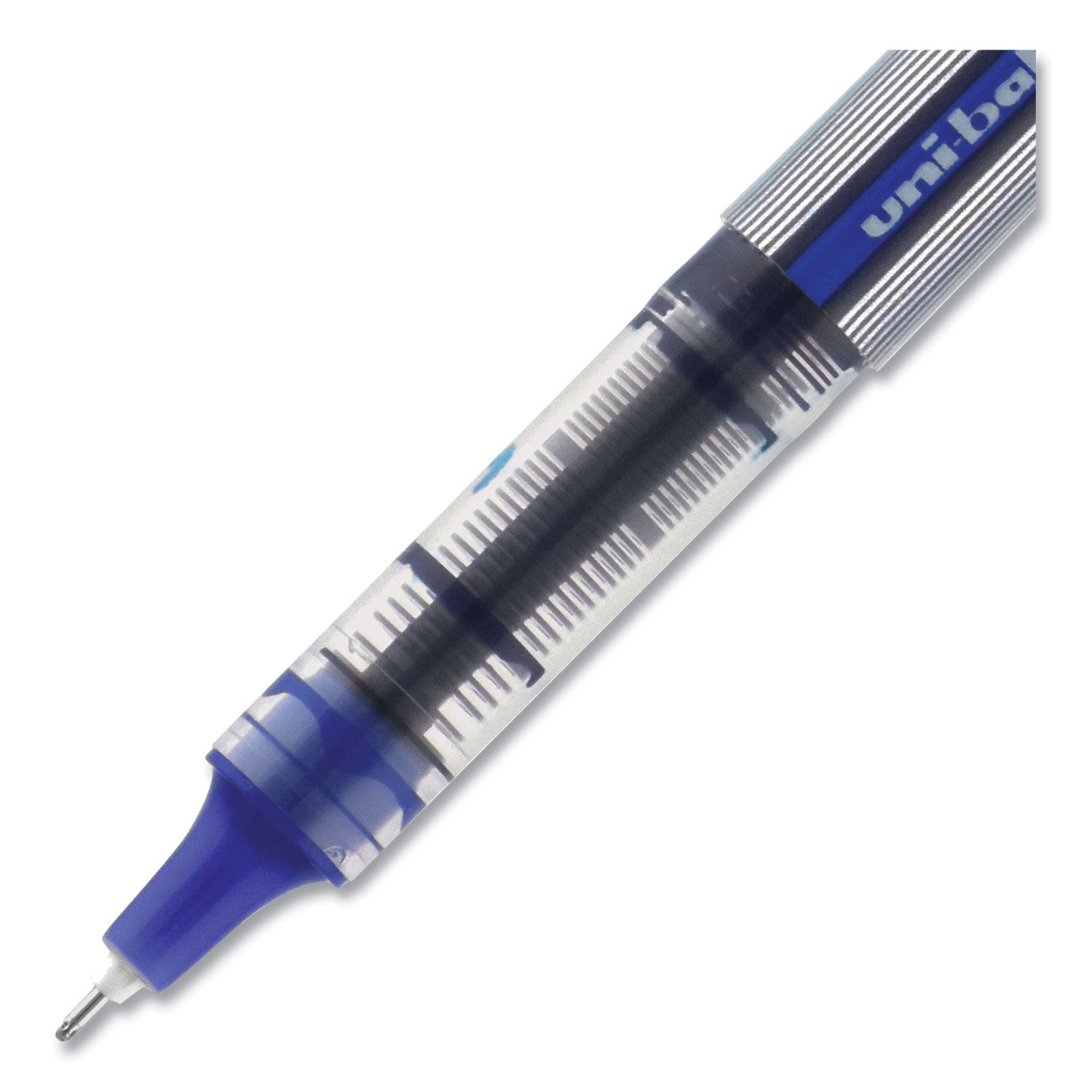 uniball® VISION Needle Roller Ball Pen, Stick, Fine 0.7 mm, Blue Ink, Gray/Clear/Blue Barrel, Dozen