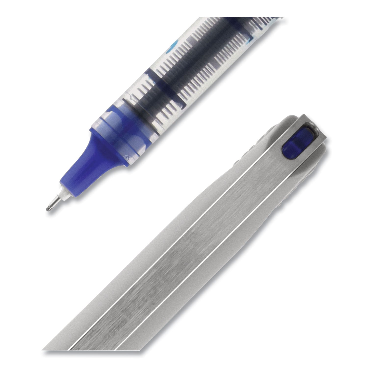 uniball® VISION Needle Roller Ball Pen, Stick, Fine 0.7 mm, Blue Ink, Gray/Clear/Blue Barrel, Dozen