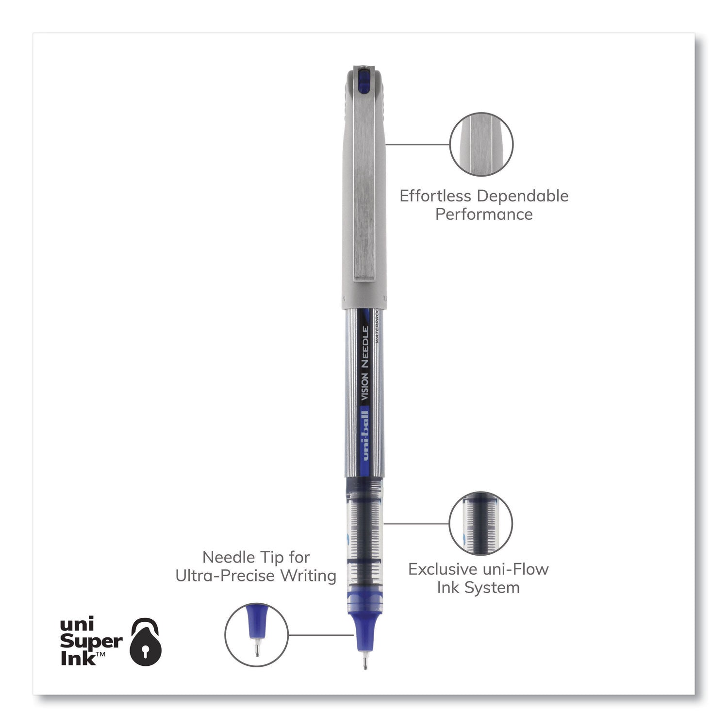 uniball® VISION Needle Roller Ball Pen, Stick, Fine 0.7 mm, Blue Ink, Gray/Clear/Blue Barrel, Dozen