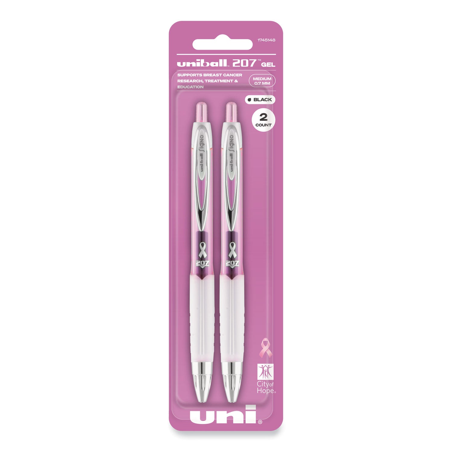 Signo 207 Gel Pen, Retractable, Medium 0.7 mm, Black Ink, Translucent Pink/Translucent White Barrel, 2/Pack