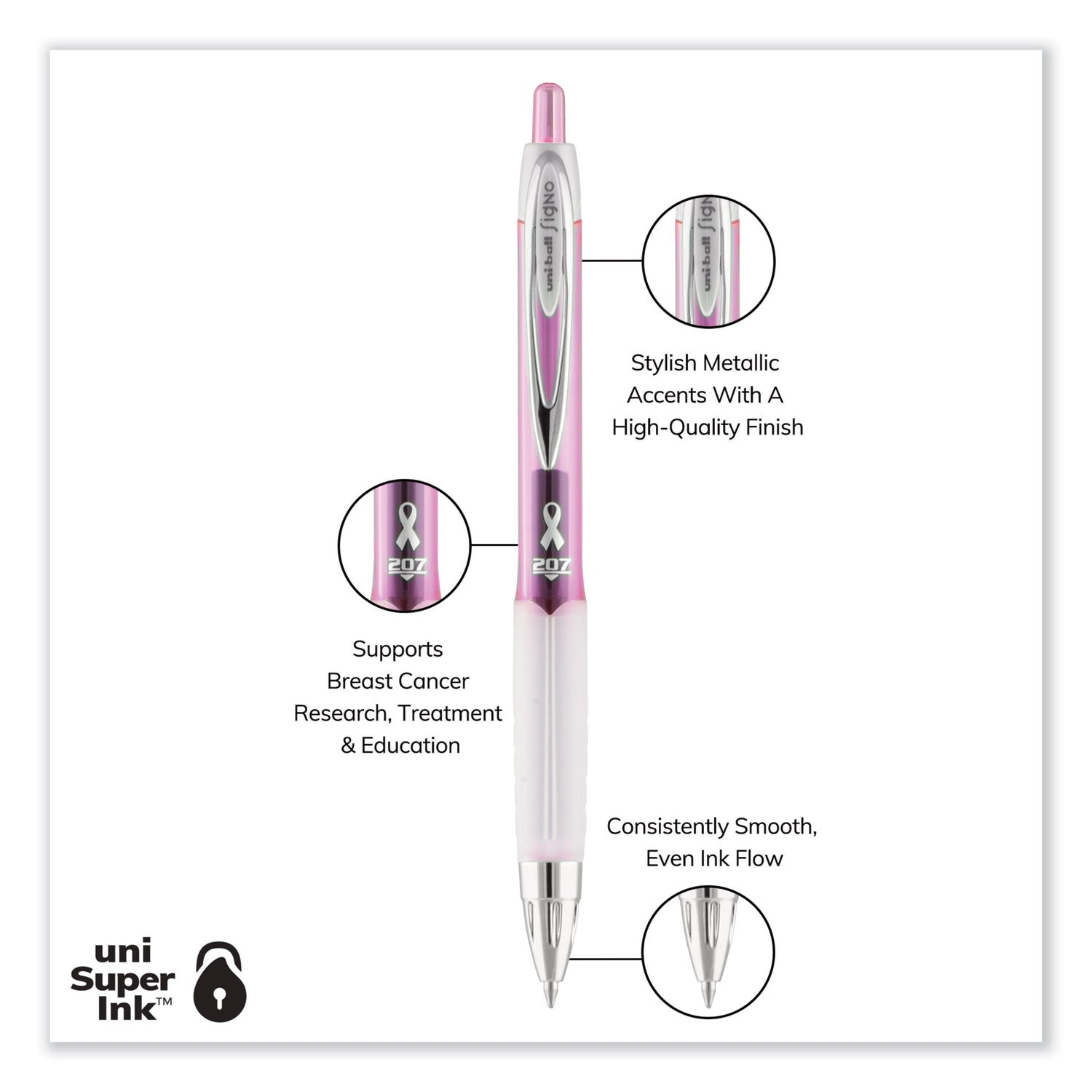 uniball® Signo 207 Gel Pen, Retractable, Medium 0.7 mm, Black Ink, Translucent Pink/Translucent White Barrel, 2/Pack