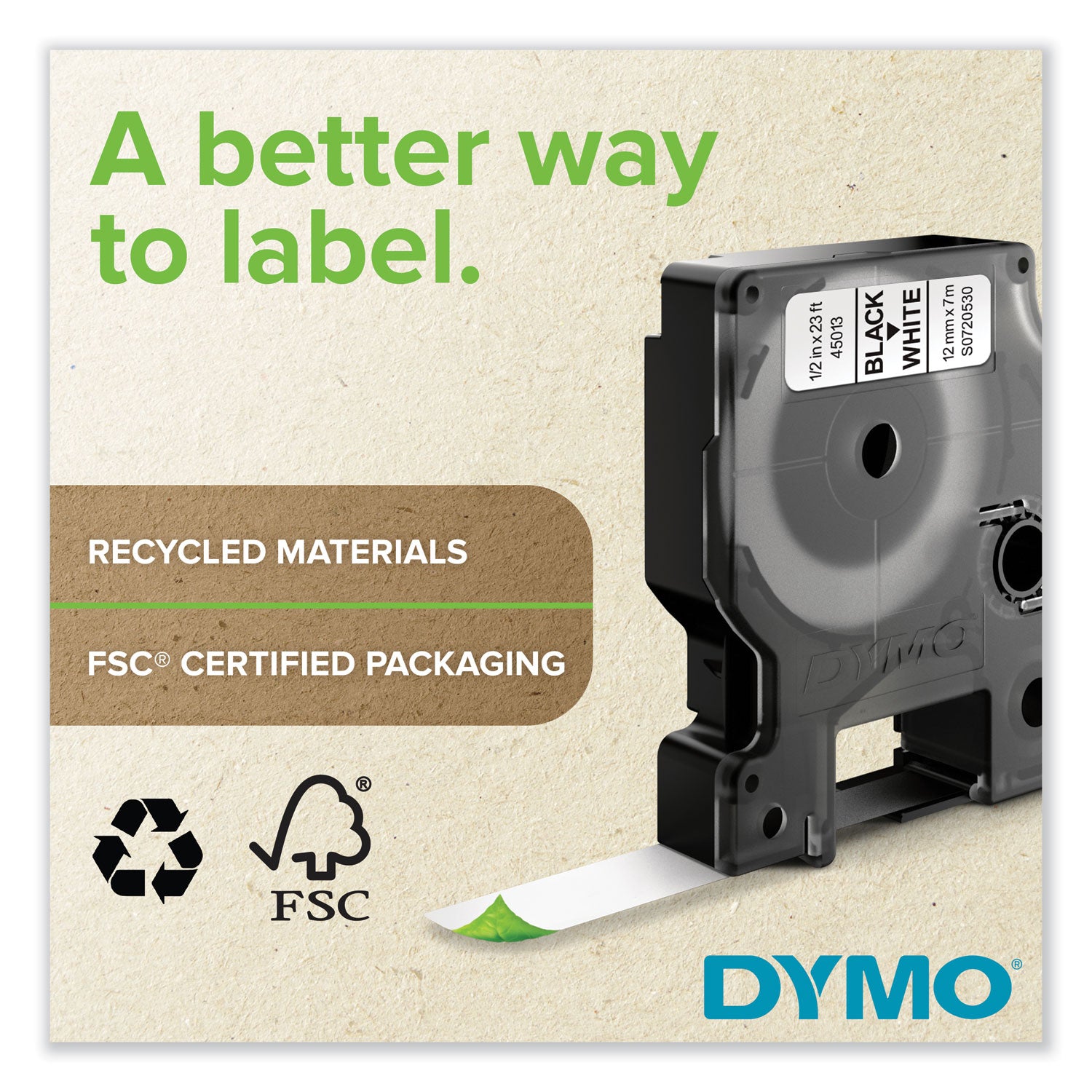 DYMO® D1 High-Performance Polyester Removable Label Tape, 0.5" x 23 ft, Black on White