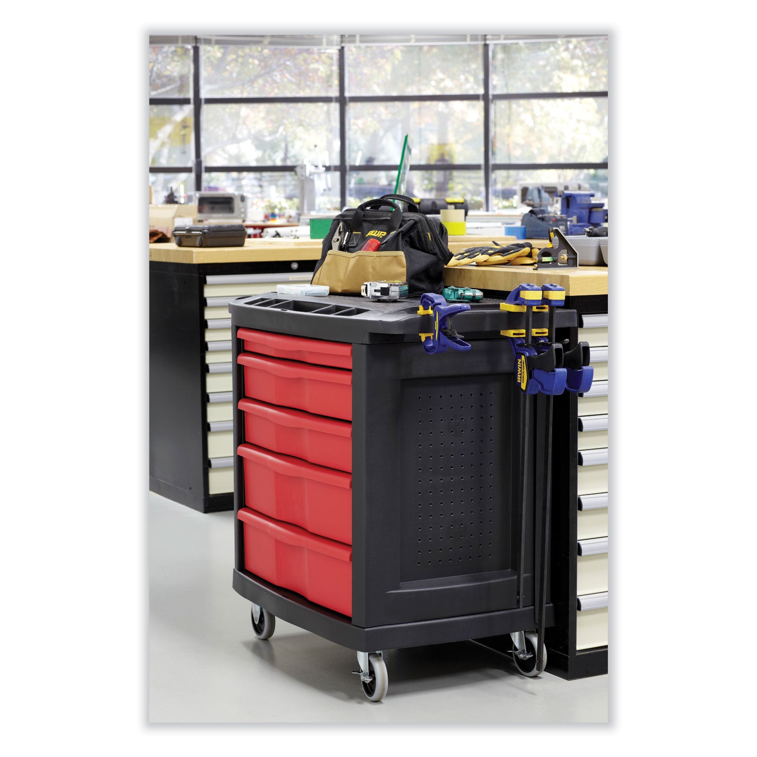 Rubbermaid® Commercial Five-Drawer Mobile Workcenter, 32.63w x 19.9d x 33.5h, Black Plastic Top