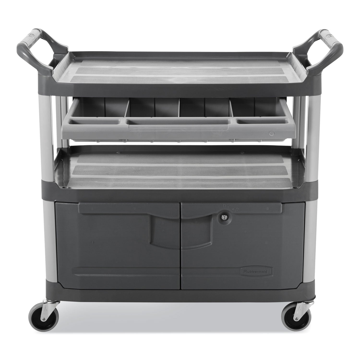 Rubbermaid® Commercial Xtra Instrument Cart with Locking Storage Area, Plastic, 3 Shelves, 300 lb Capacity, 20" x 40.63" x 37.8", Gray