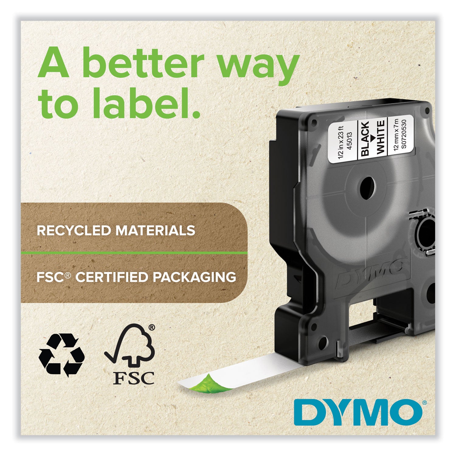 DYMO® D1 High-Performance Polyester Removable Label Tape, 0.5" x 23 ft, Black on Green