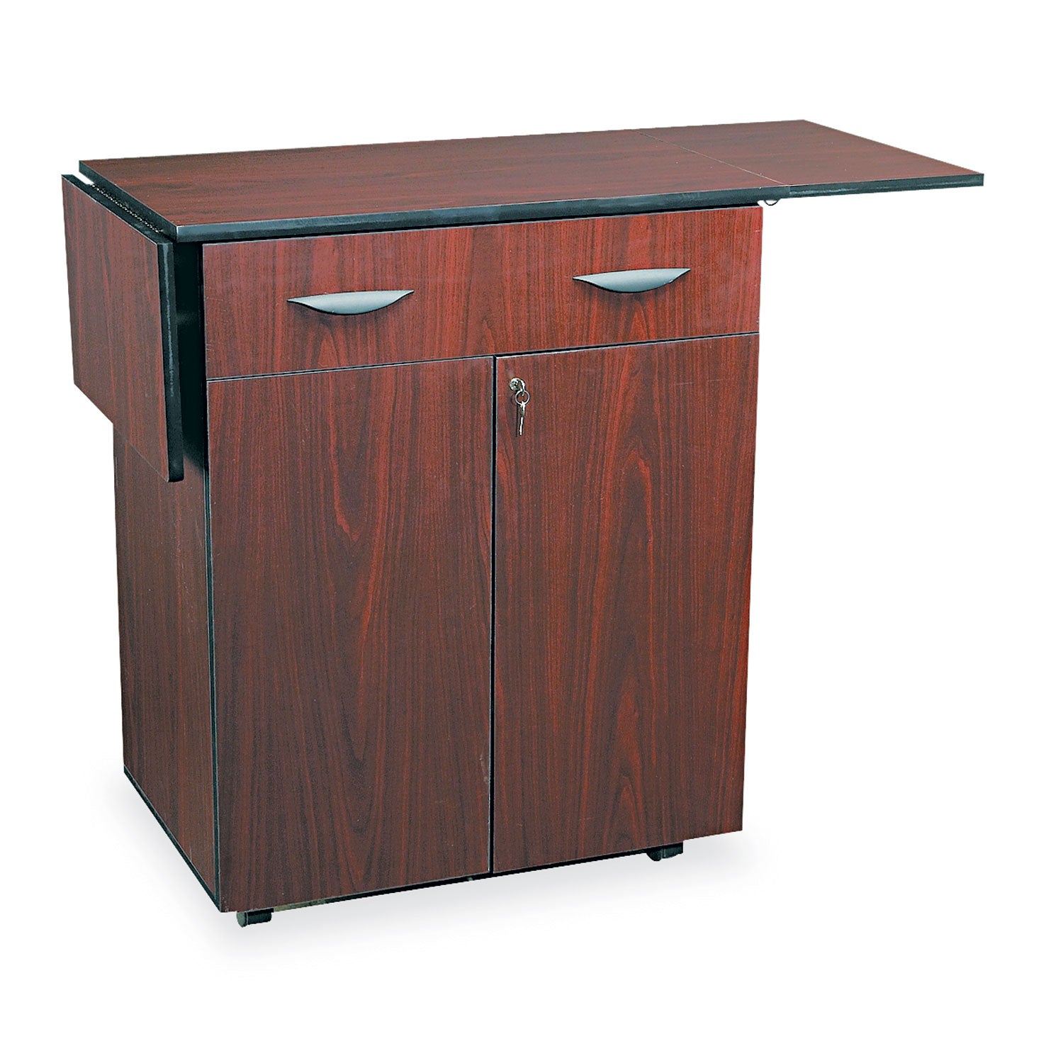 Safco® Hospitality Cart with Drop Leaves, Engineered Wood, 3 Shelves, 1 Drawer, 32.5" to 56.25" x 20.5" x 38.75", Mahogany