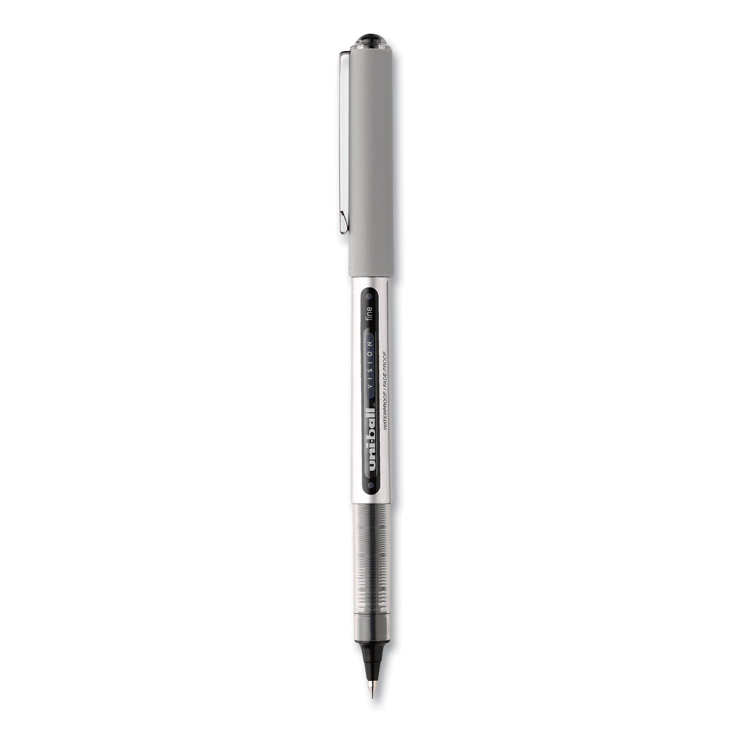 uniball® VISION Roller Ball Pen, Stick, Fine 0.7 mm, Black Ink, Silver/Black/Clear Barrel, Dozen