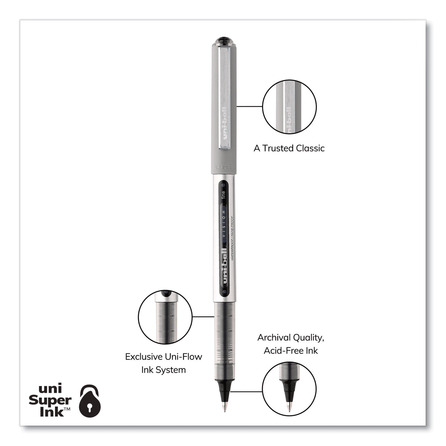 uniball® VISION Roller Ball Pen, Stick, Fine 0.7 mm, Black Ink, Silver/Black/Clear Barrel, Dozen