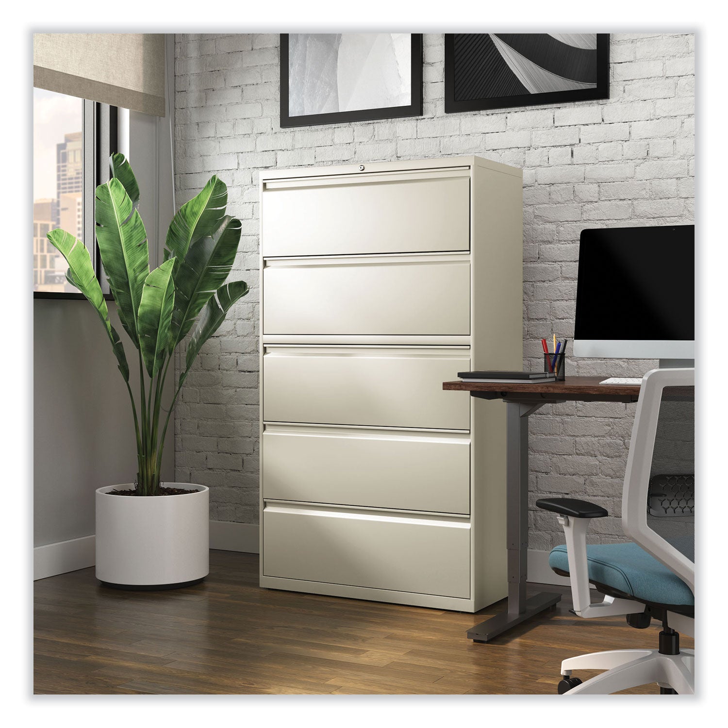 Alera® Lateral File, 5 Legal/Letter/A4/A5-Size File Drawers, Putty, 36" x 18.63" x 67.63"