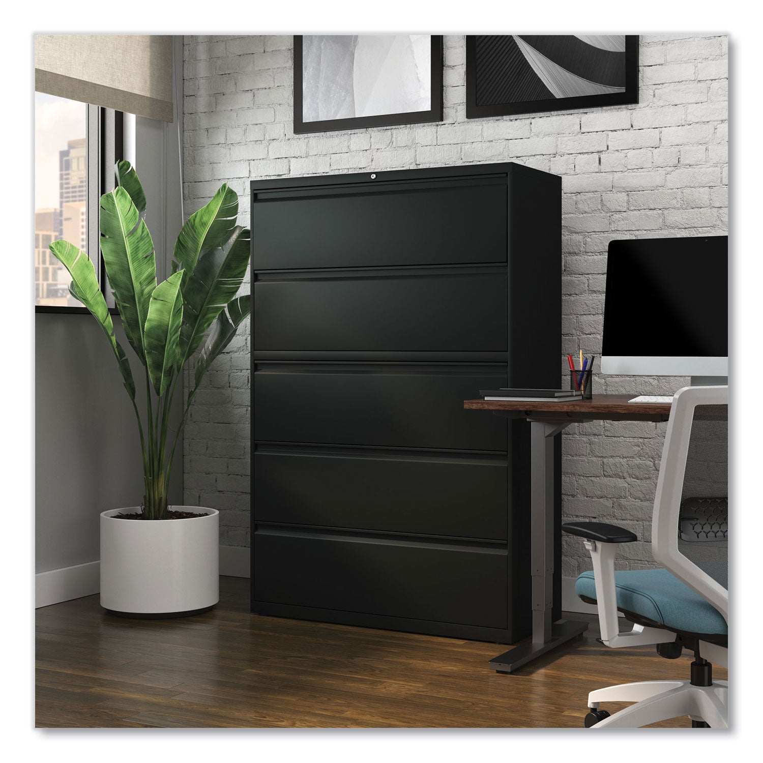 Alera® Lateral File, 5 Legal/Letter/A4/A5-Size File Drawers, Black, 42" x 18.63" x 67.63"