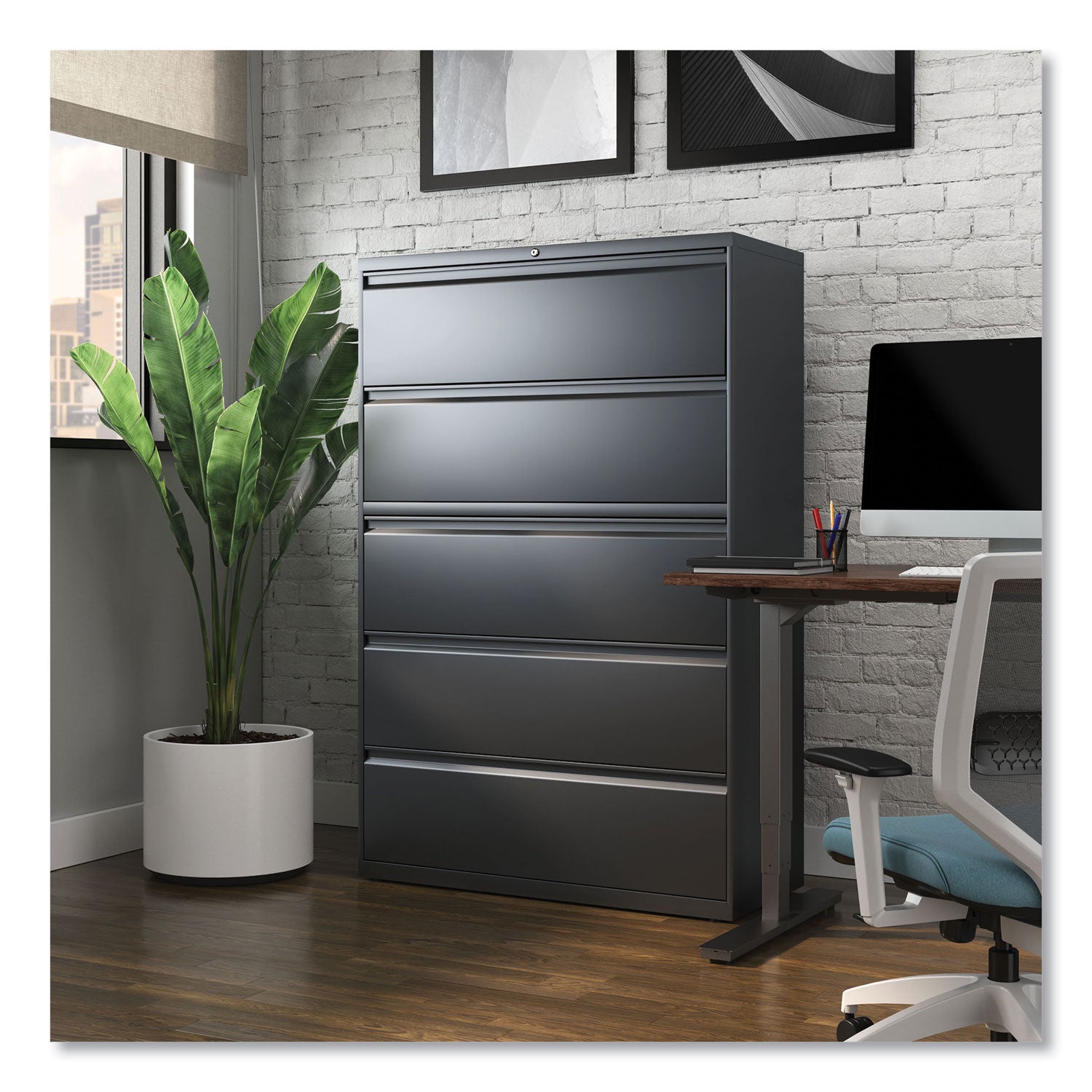 Alera® Lateral File, 5 Legal/Letter/A4/A5-Size File Drawers, Charcoal, 42" x 18.63" x 67.63"