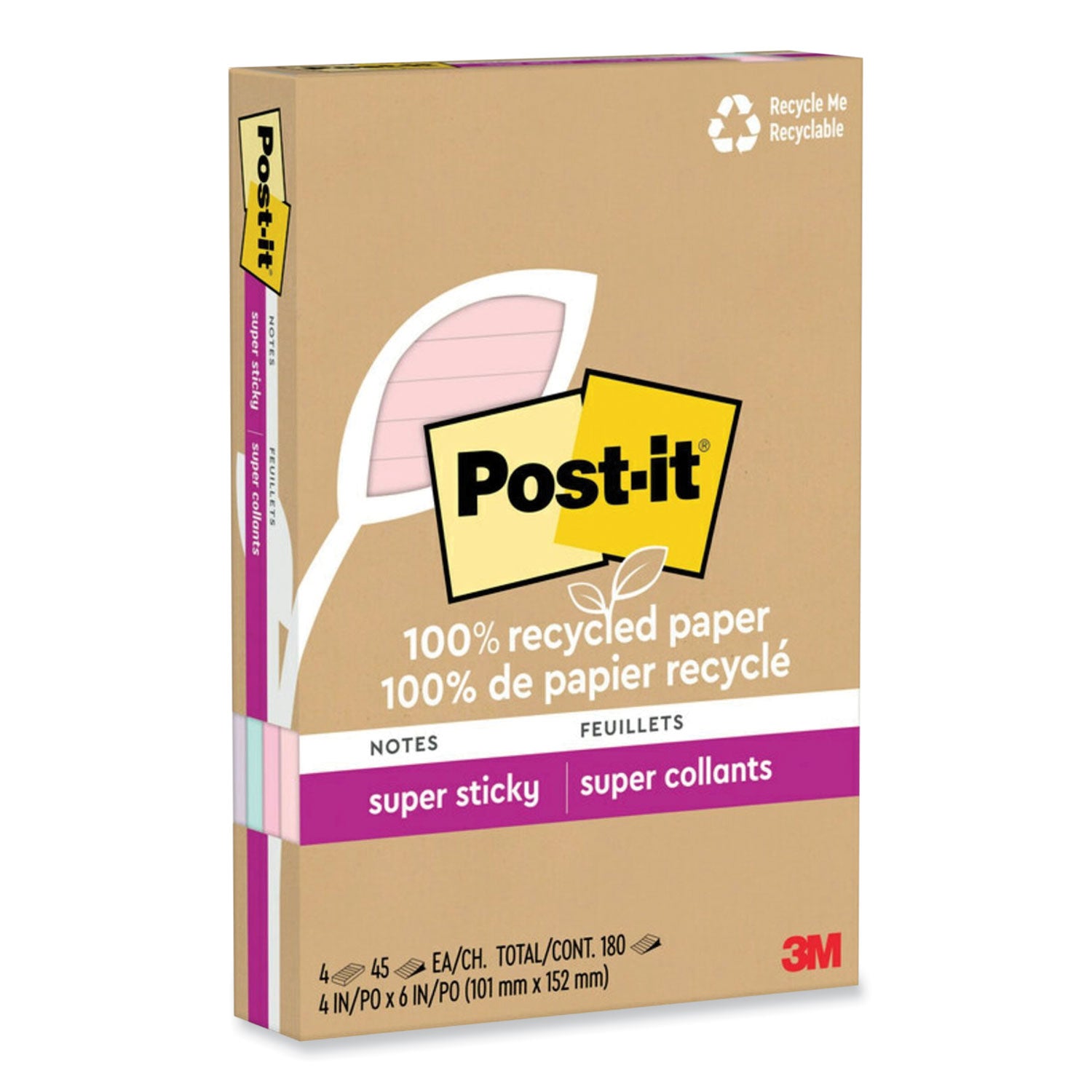 Post-it® Notes Super Sticky 100% Recycled Paper Super Sticky Notes, Ruled, 4" x 6", Wanderlust Pastels, 45 Sheets/Pad, 4 Pads/Pack