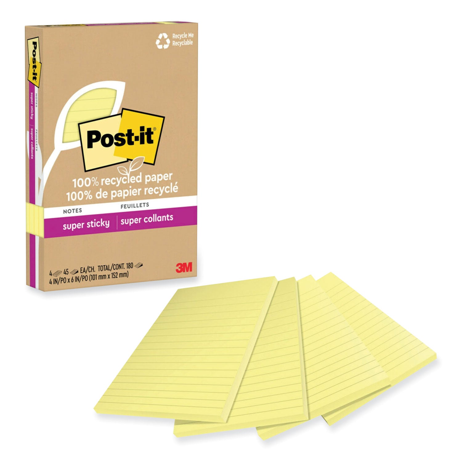 Post-it® Notes Super Sticky 100% Recycled Paper Super Sticky Notes, Ruled, 4" x 6", Canary Yellow, 45 Sheets/Pad, 4 Pads/Pack