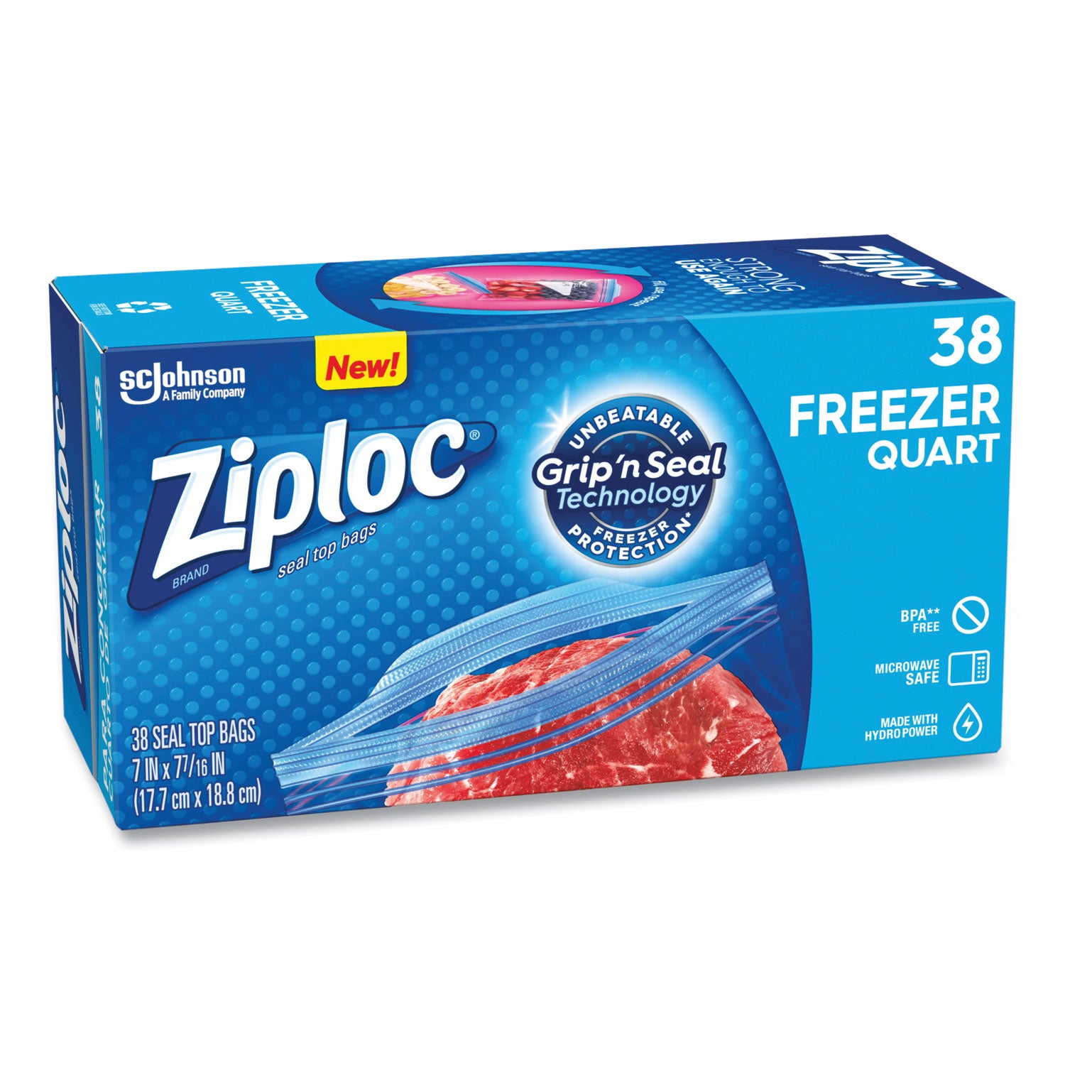 Ziploc® Zipper Freezer Bags, 32 oz, 6.97" x 7.7", Clear, 38 Bags/Box, 9 Boxes/Carton