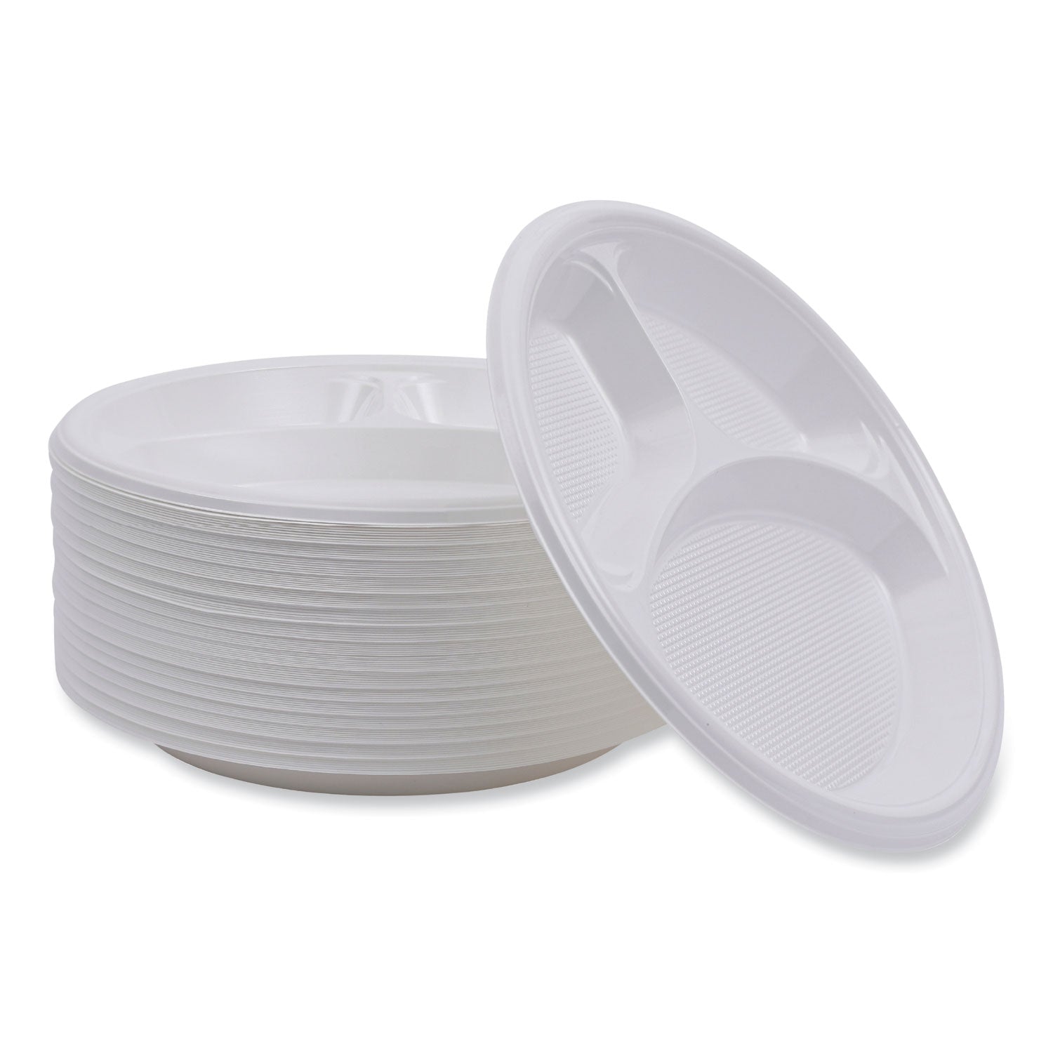 Boardwalk® Hi-Impact Plastic Dinnerware, Plate, 3-Compartment, 10" dia, White, 500/Carton