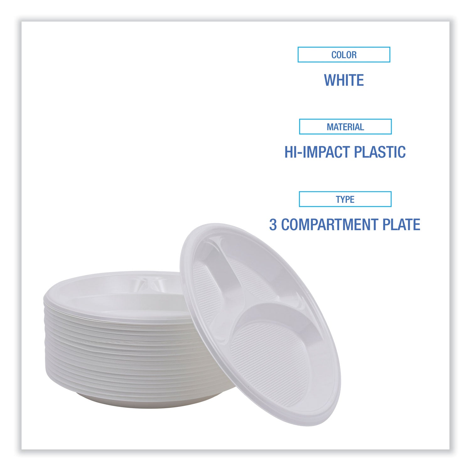 Boardwalk® Hi-Impact Plastic Dinnerware, Plate, 3-Compartment, 10" dia, White, 500/Carton