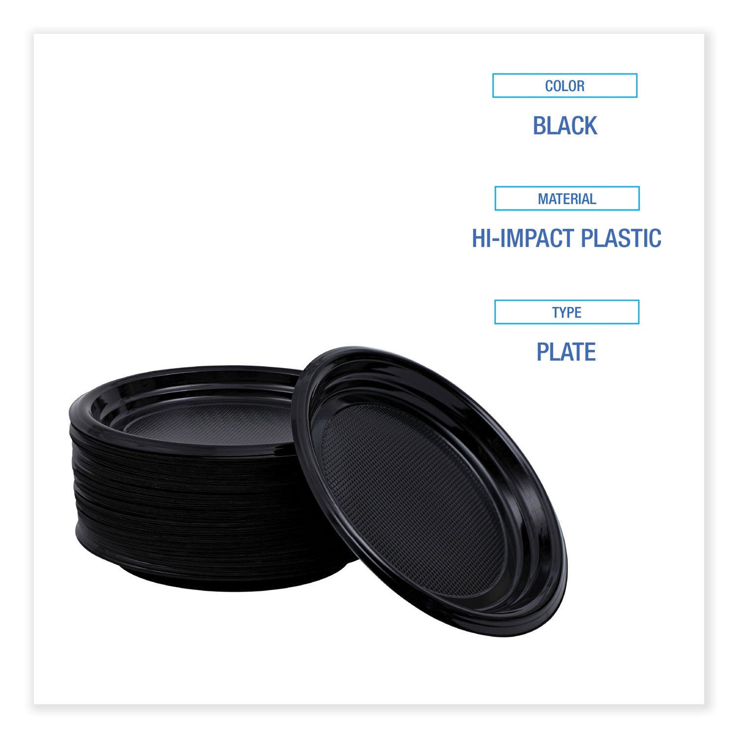 Boardwalk® Hi-Impact Plastic Dinnerware, Plate, 9" dia, Black, 500/Carton