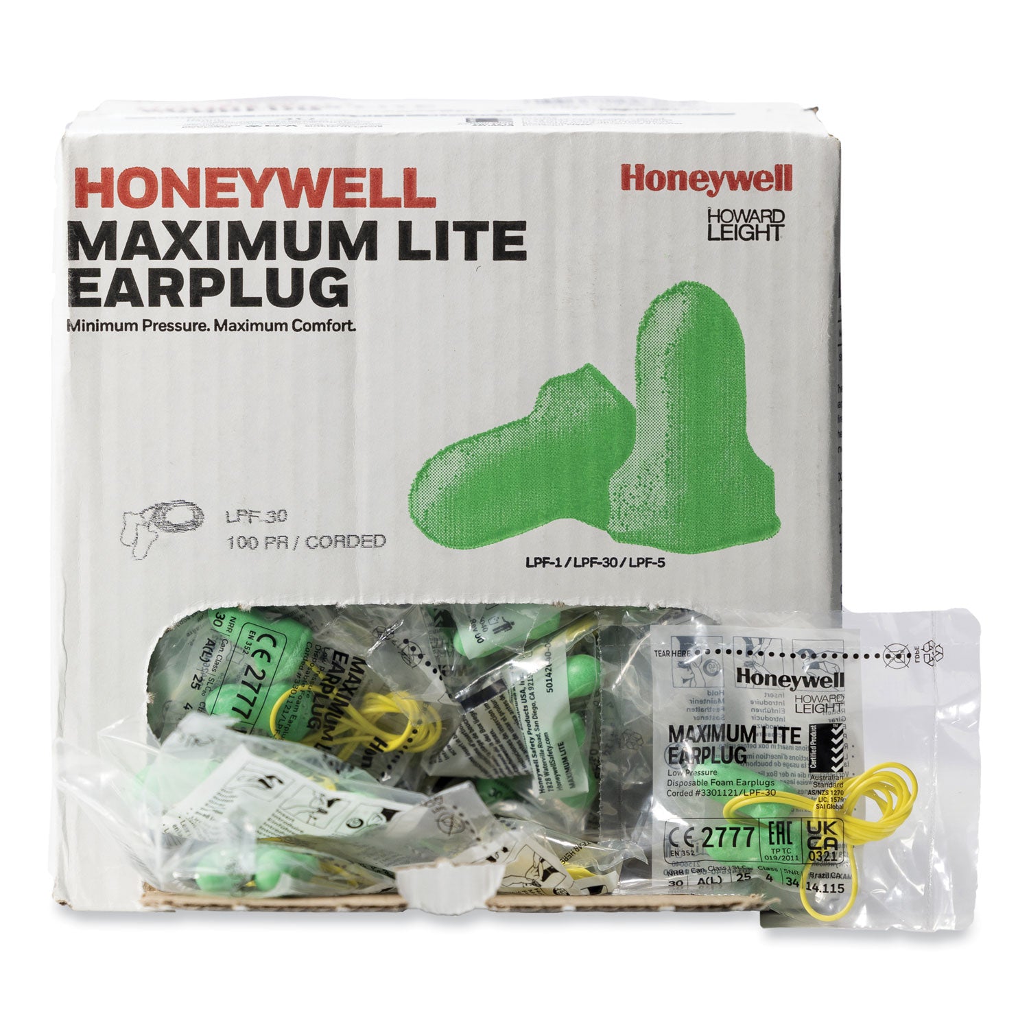 Howard Leight® by Honeywell MAXIMUM Lite Single-Use Earplugs, Corded, 30NRR, Green, 100 Pairs