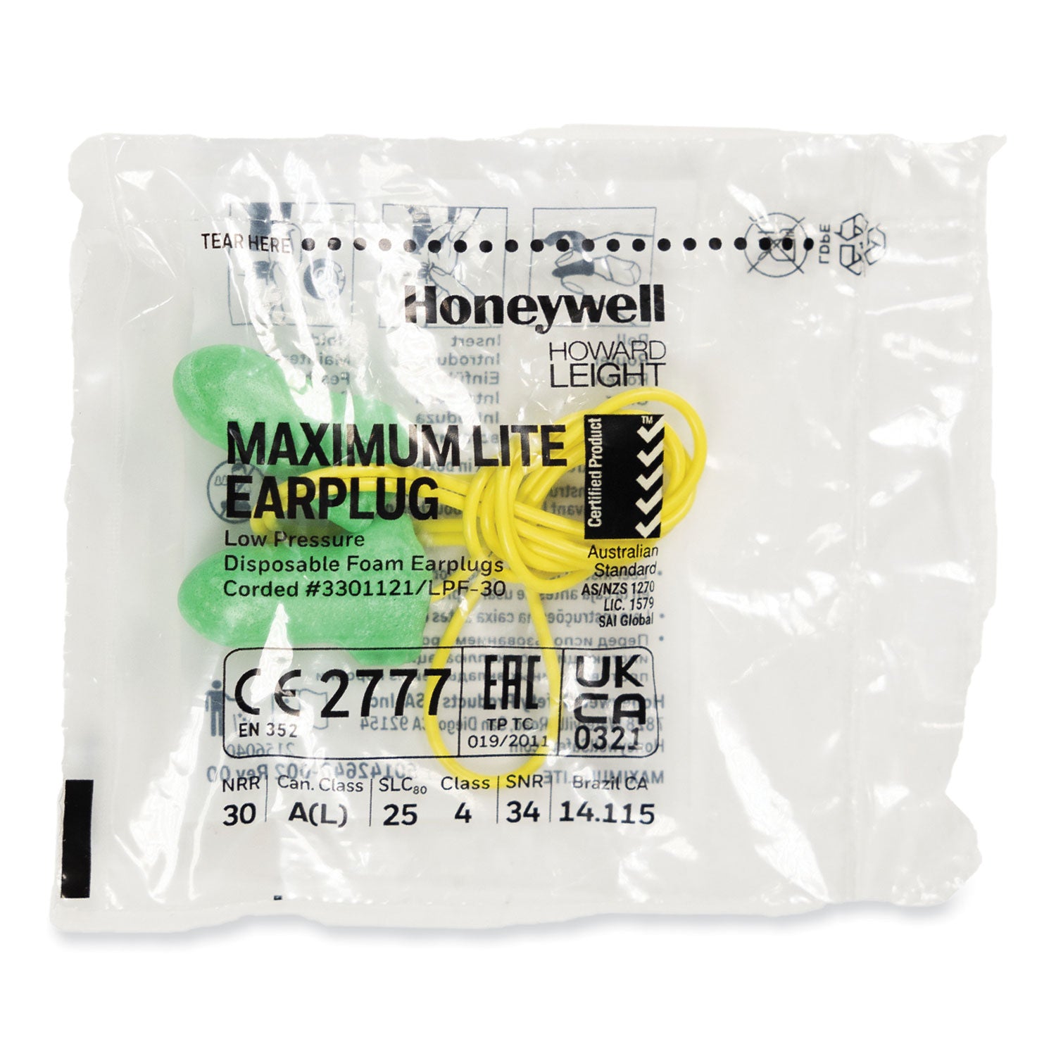 Howard Leight® by Honeywell MAXIMUM Lite Single-Use Earplugs, Corded, 30NRR, Green, 100 Pairs