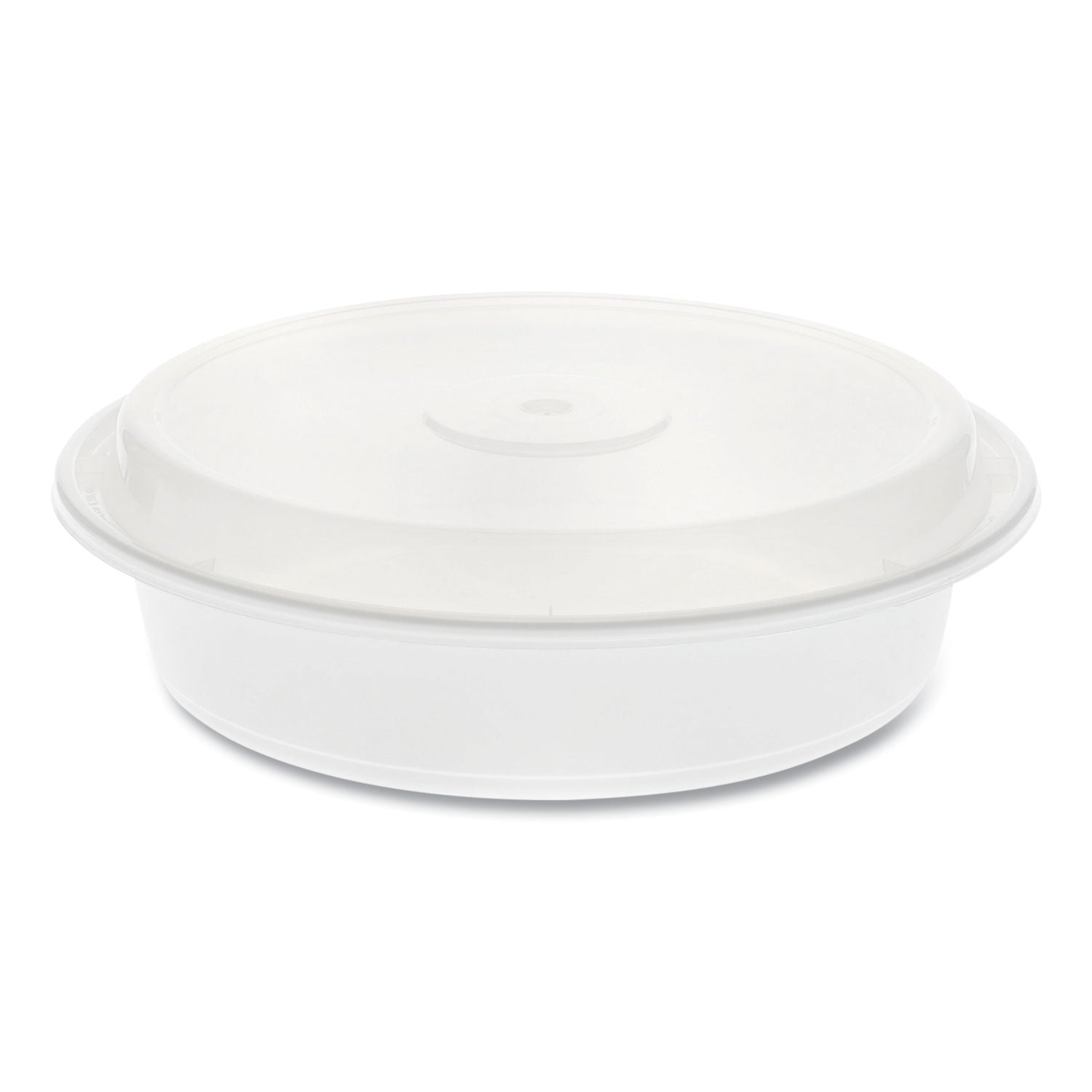 Newspring VERSAtainer Microwavable Containers, Round, 35 oz, 8 x 8 x 2.5, White/Clear, Plastic, 150/Carton