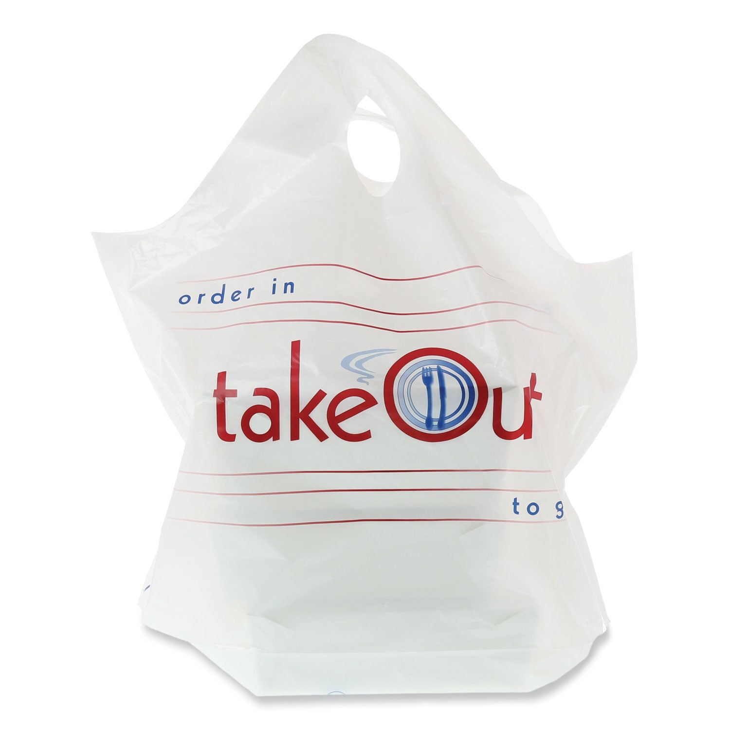 AmerCareRoyal® Wave Top To-Go Bags, Take-Out Labeling, Cut-Out Handles, 19" x 9.5" x 19", White/Blue/Red, 500/Carton