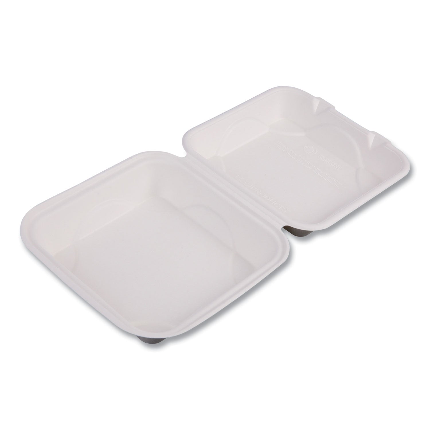 Bagasse Hinged Clamshell Containers, 8 x 8 x 3, White, 200/Carton