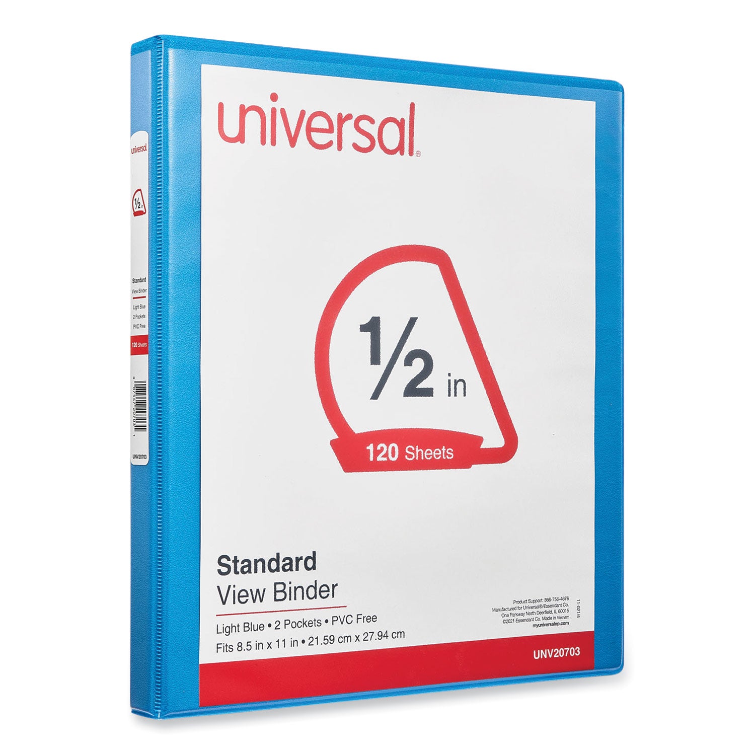 Universal® Slant D-Ring View Binder, 3 Rings, 0.5" Capacity, 11 x 8.5, Light Blue