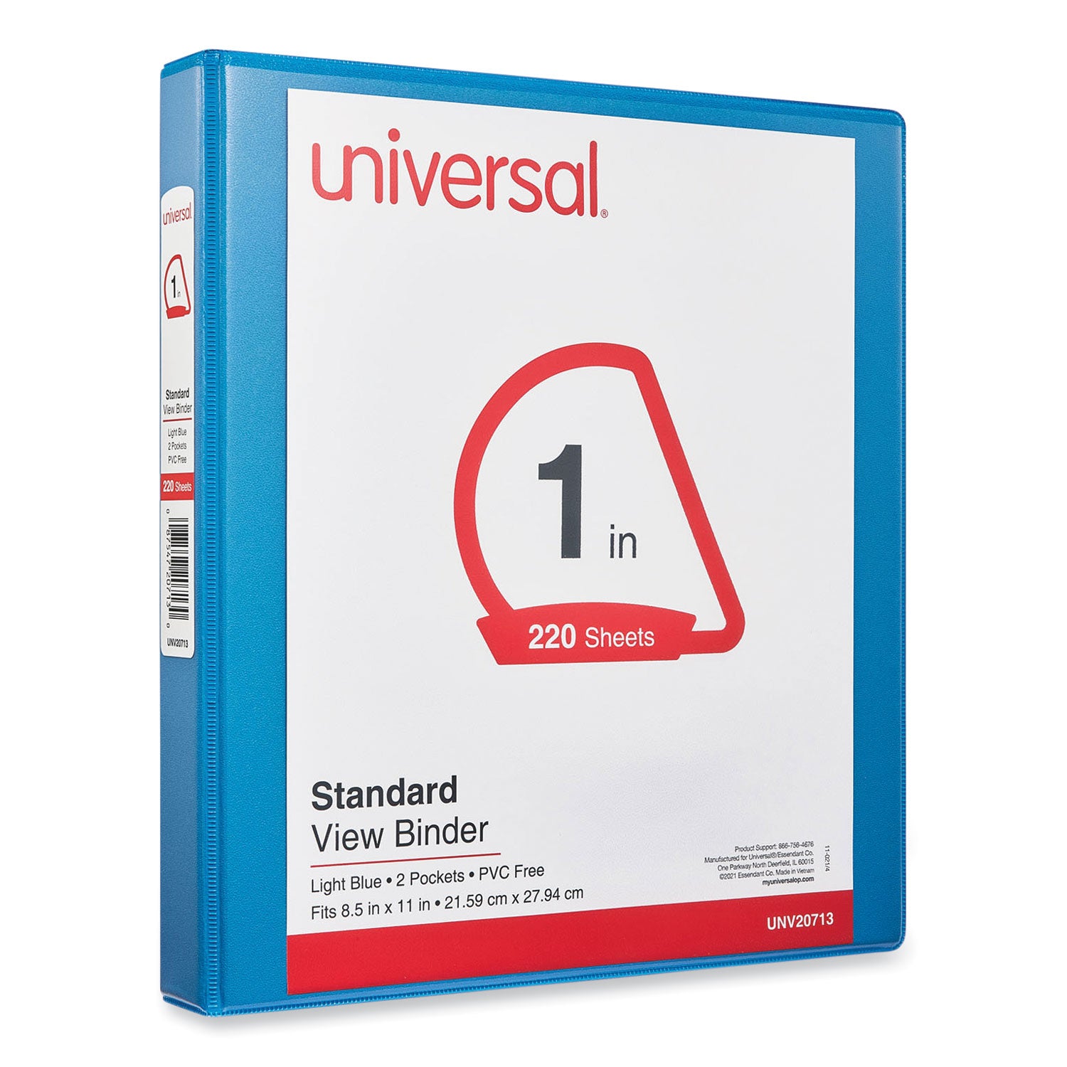 Universal® Slant D-Ring View Binder, 3 Rings, 1" Capacity, 11 x 8.5, Light Blue