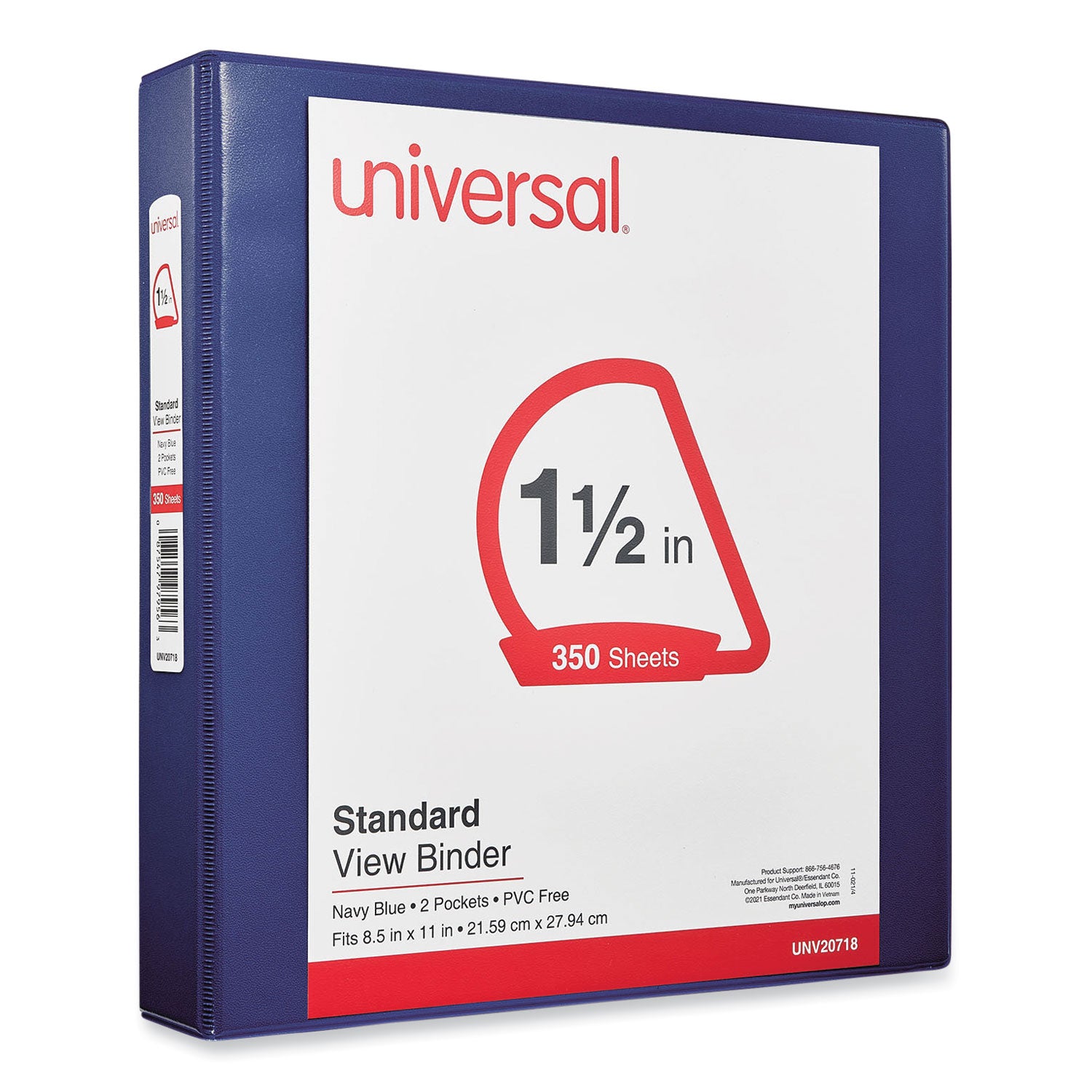 Universal® Slant D-Ring View Binder, 3 Rings, 1.5" Capacity, 11 x 8.5, Navy Blue