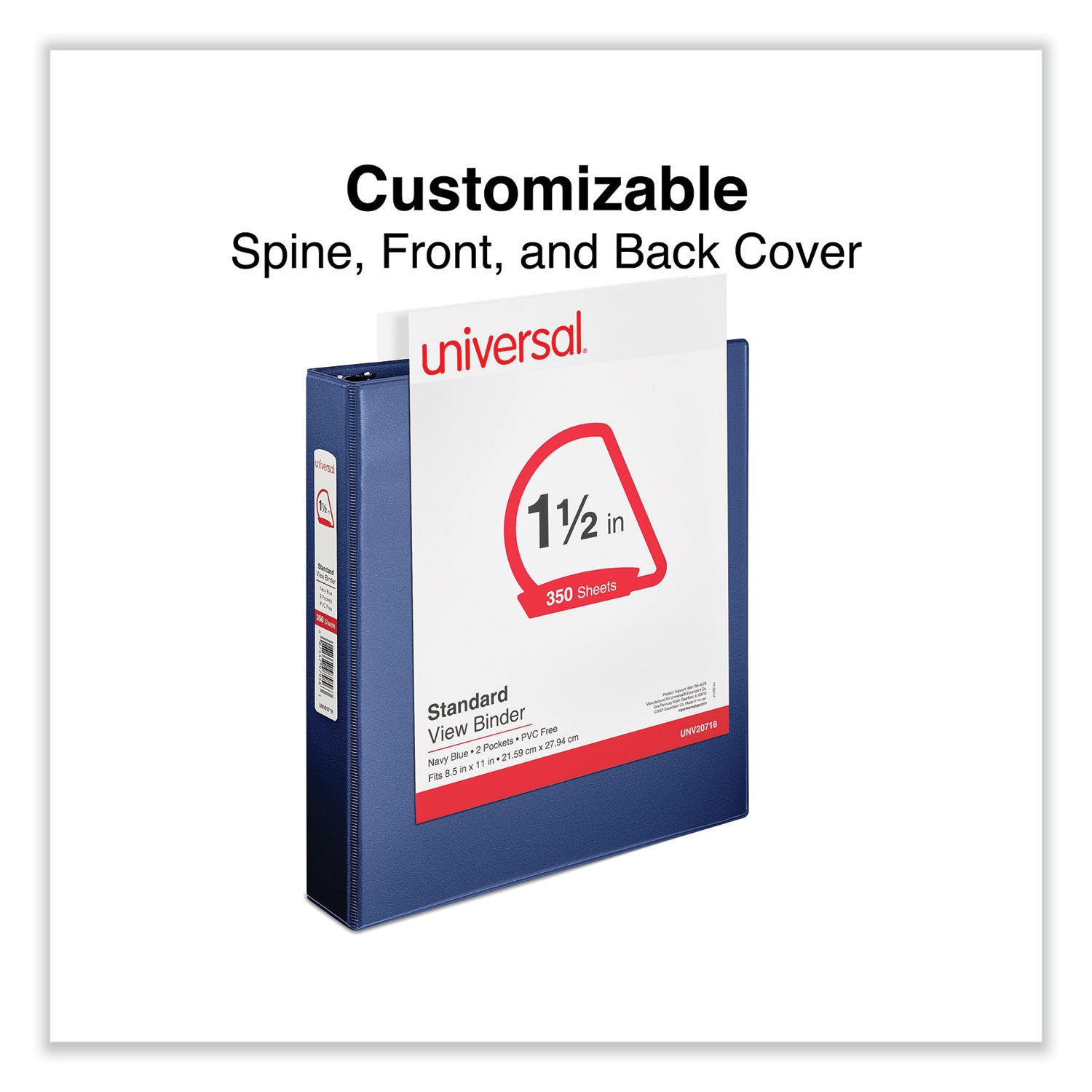 Universal® Slant D-Ring View Binder, 3 Rings, 1.5" Capacity, 11 x 8.5, Navy Blue